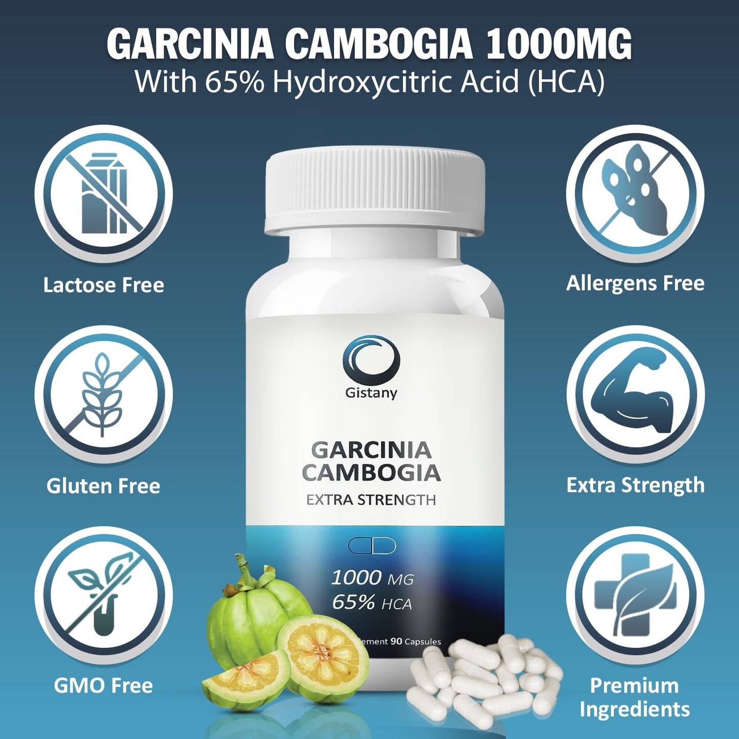 Gistany Extra Strength 65% HCA Pure Garcinia Cambogia Natural Weight Loss Pills, Appetite Control Pill Dietary Supplement for Both Men and Women 90 Capsules