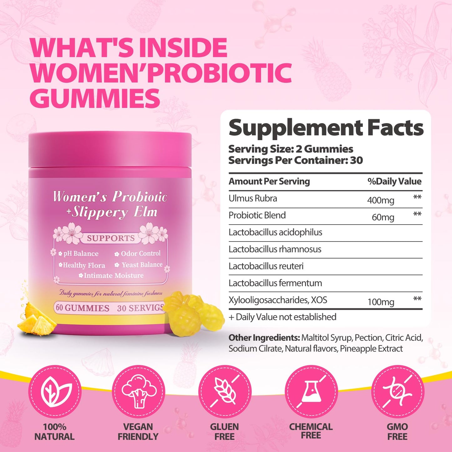 BOSNETHUINH Her Juicy Feminine Probiotics Gummies with Slippery Elm Supports pH Balance Gut Health & Immune System Promote Vaginal Health for Women 120 Gummies