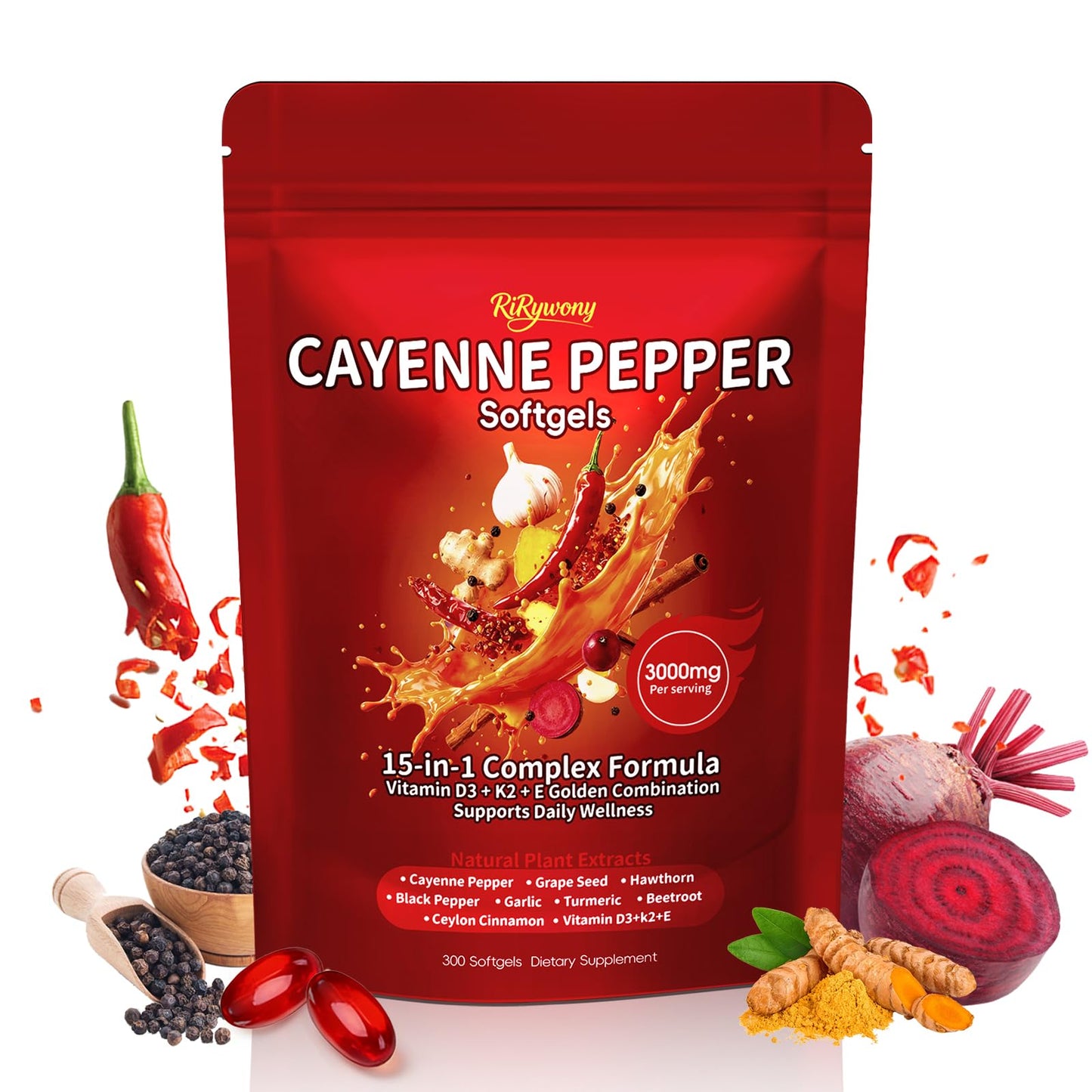 RiRywony Cayenne Pepper Capsules, 300 Capsules