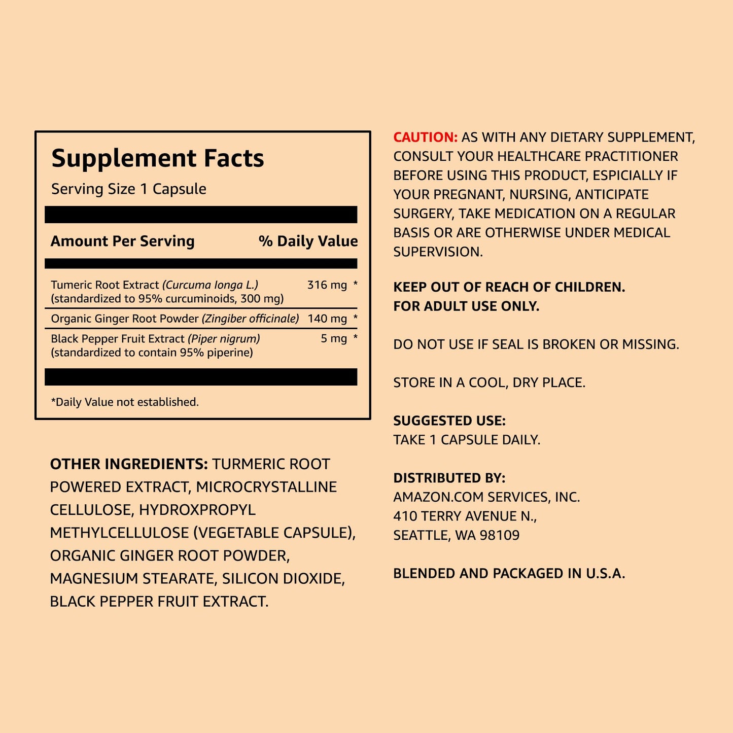 Amazon Elements Turmeric Complex, 316 mg Curcumin with Ginger and Black Pepper, Joint & Immune Support, 65 Capsules