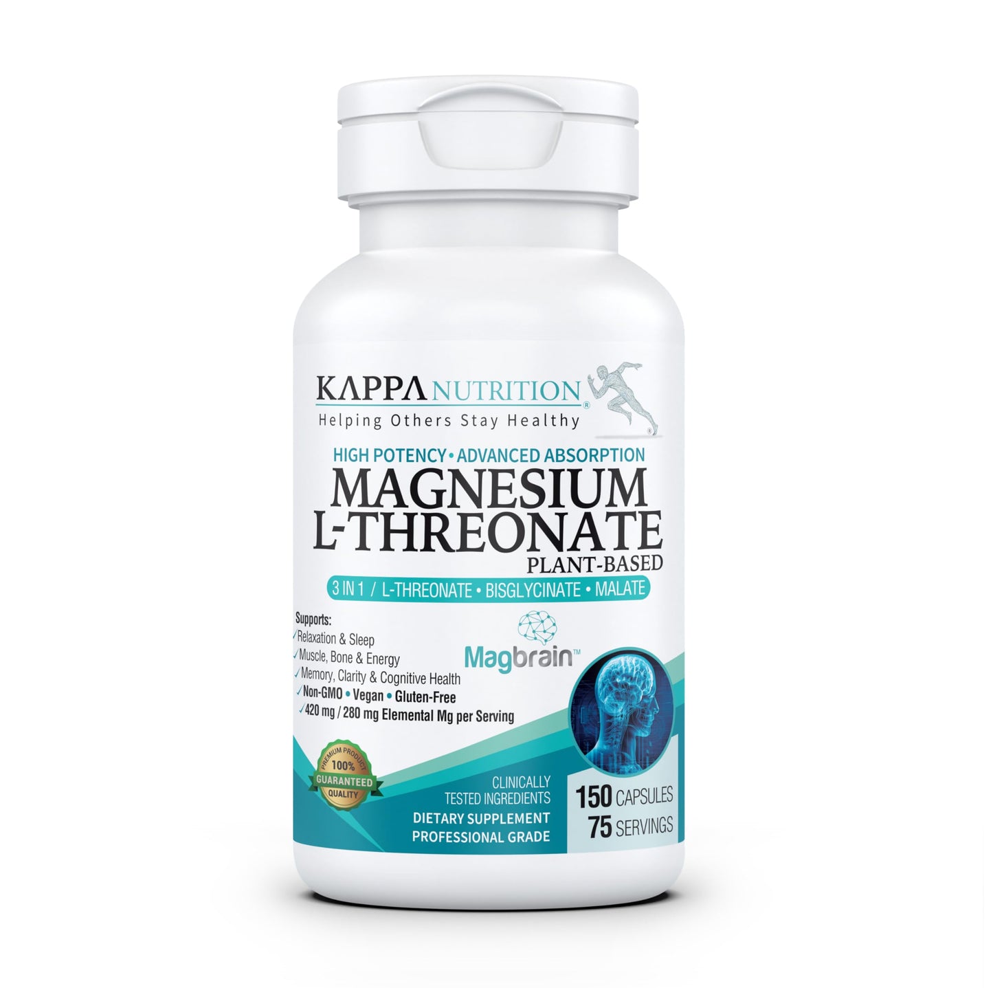 KAPPA NUTRITION Magnesium L-Threonate Powered by MagBrain, Plant-Based, 150 Capsules