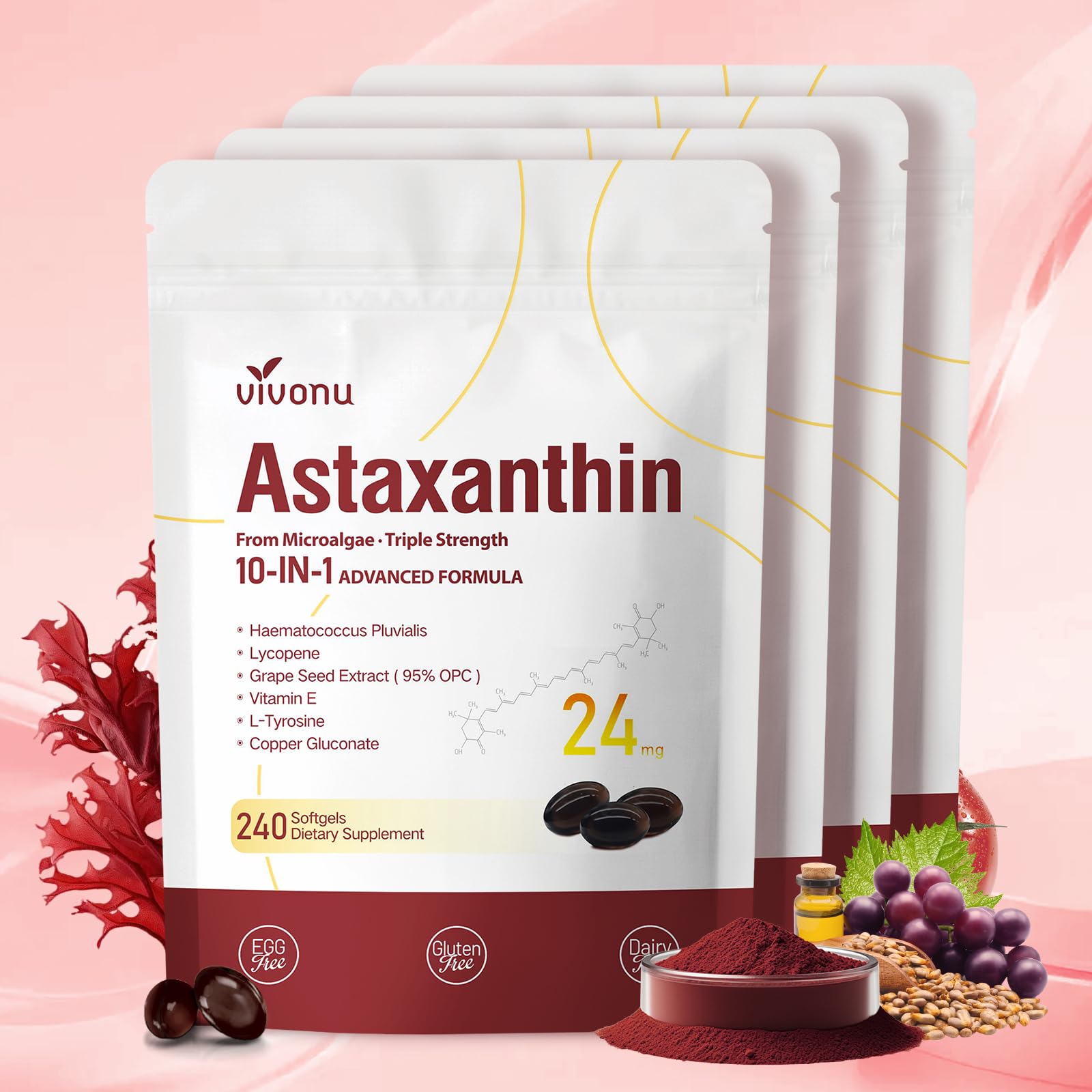 VivoNu Astaxanthin Softgels 24mg, 960 Softgels (4 Bags)
