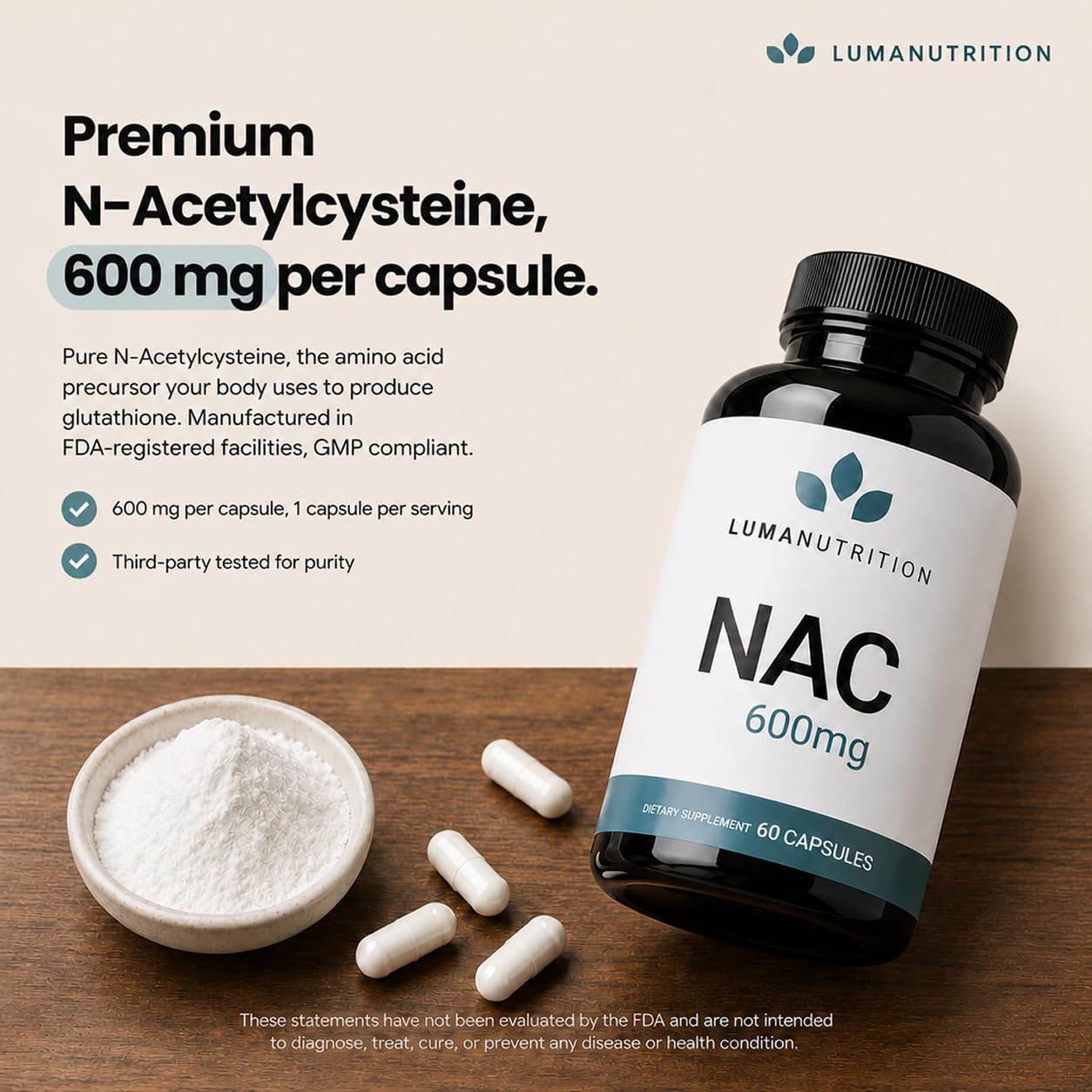 Luma Nutrition NAC Supplement N-Acetyl Cysteine 600 mg Capsule 60 Capsules