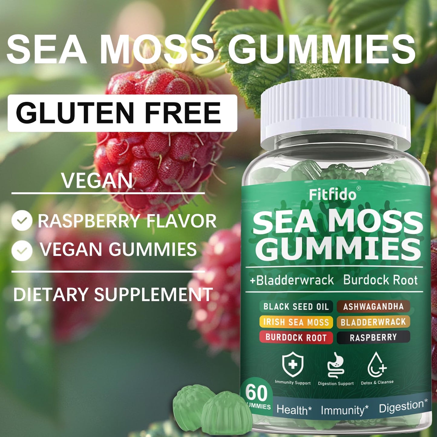 Fitfido Irish Sea Moss Gummies 60 Count with Bladderwrack, Burdock Root & Manuka Honey, 105+ Trace Minerals, Raspberry Flavor, Sugar Free, Vegan