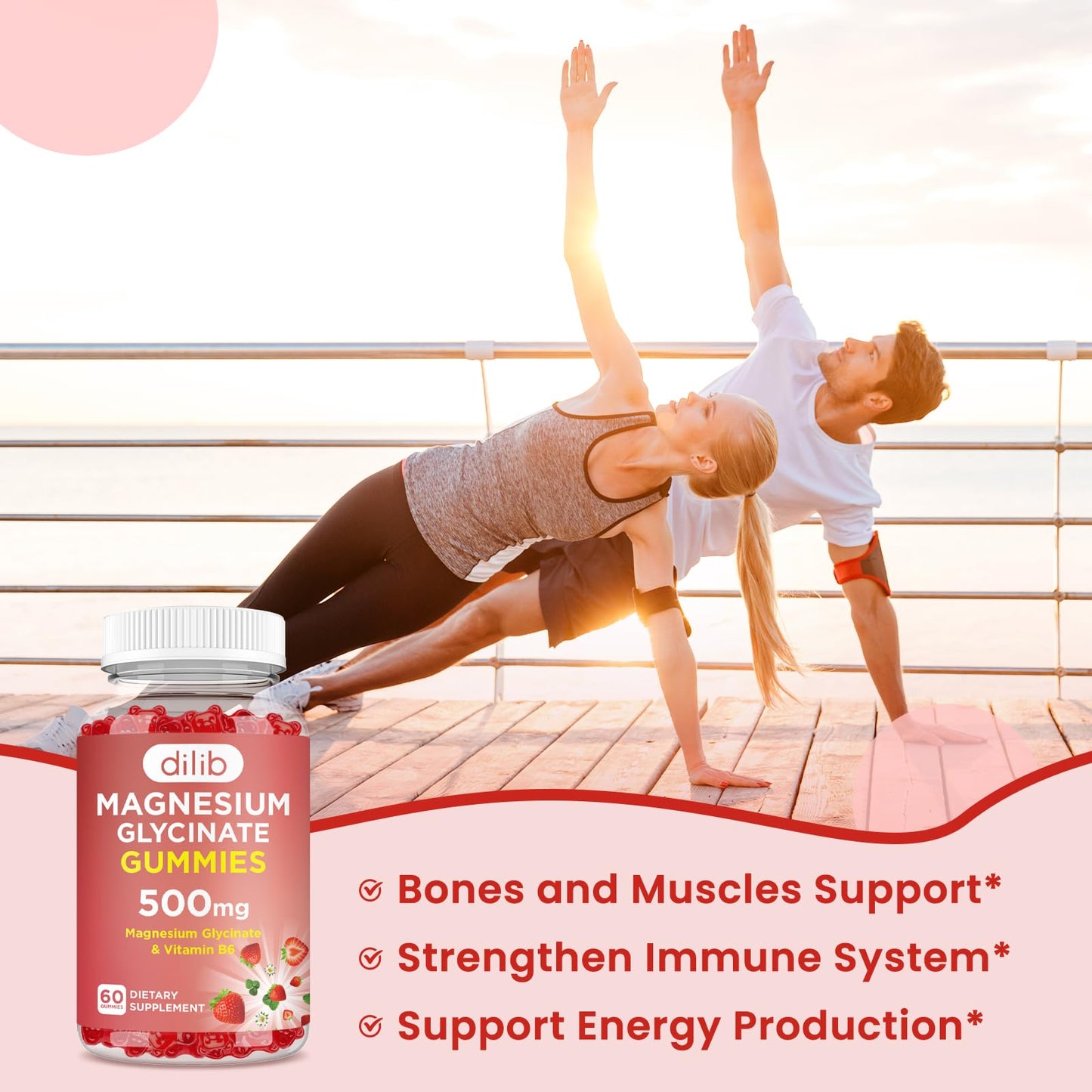 dilib Magnesium Glycinate Gummies 500mg with Vitamin B6, Strawberry Flavor, 120 Gummies