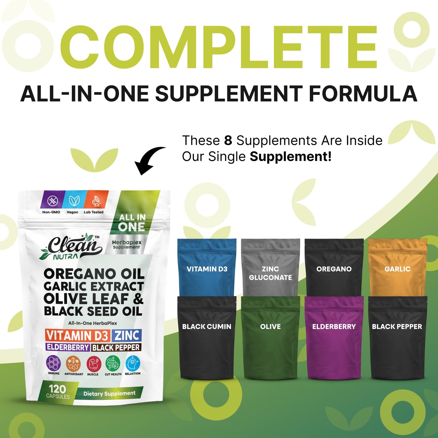 Clean Nutraceuticals Herbaplex Immune Support Immunity Blend Vitamin D Zinc Gluconate Oregano Oil Extract Black Cumin Garlic Olive Leaf Extract Elderberry Black Pepper 120 Capsules