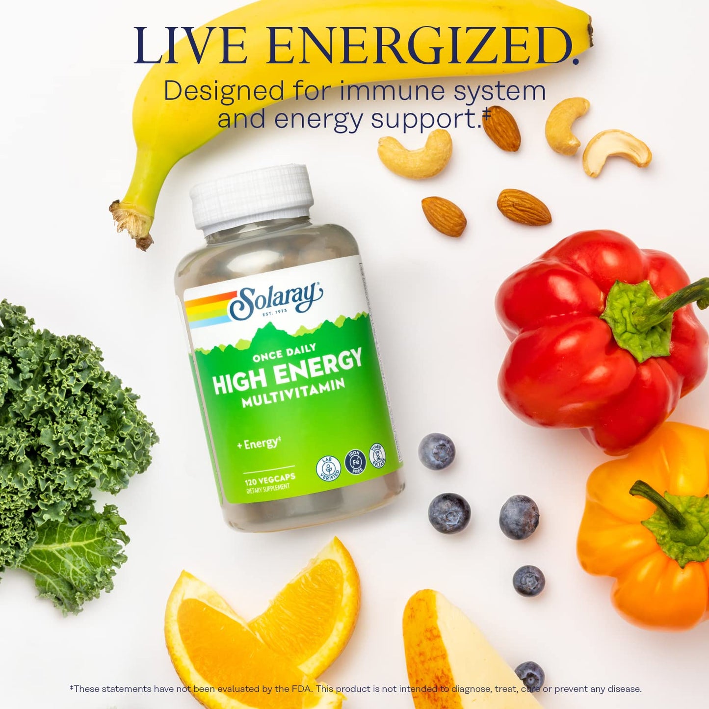 SOLARAY High Energy Multivitamin No Iron Timed-Release Whole Food & Herb Base VegCaps 120