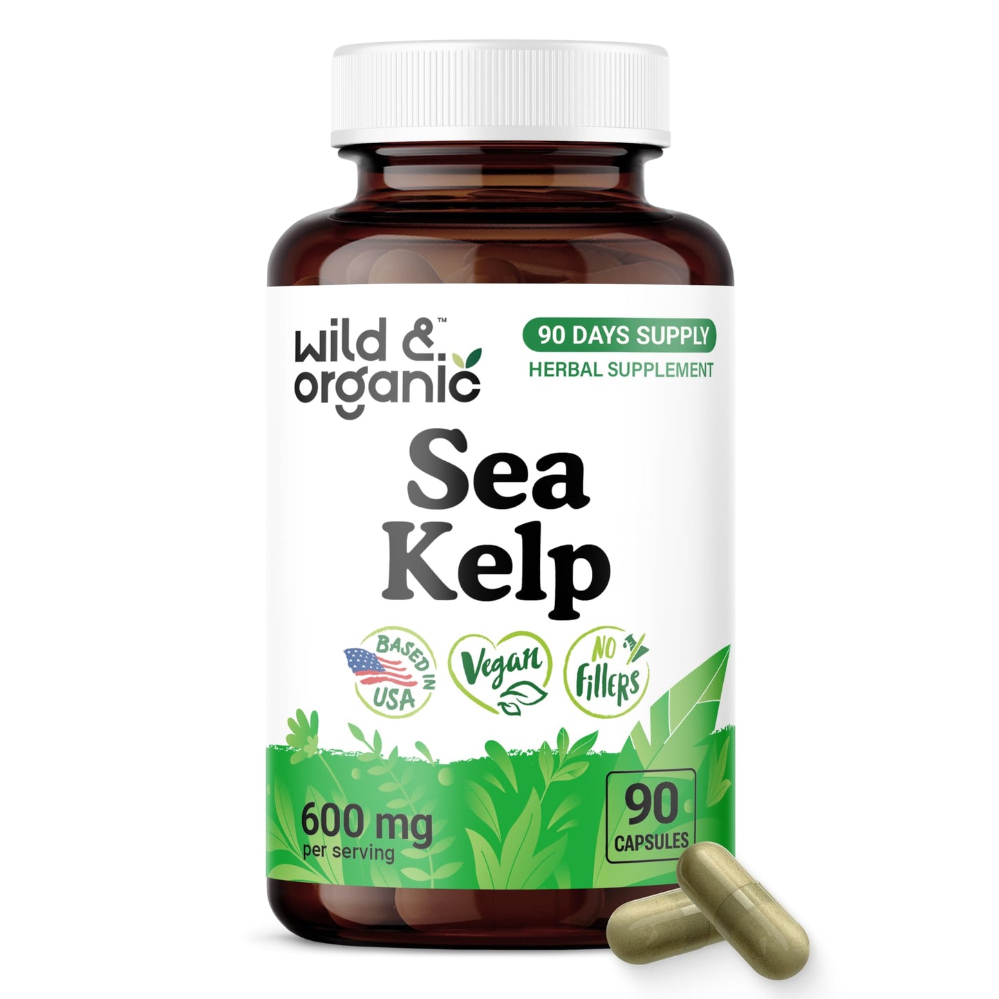 Wild & Organic Sea Kelp Supplement 600 mg Capsules, 90 Count