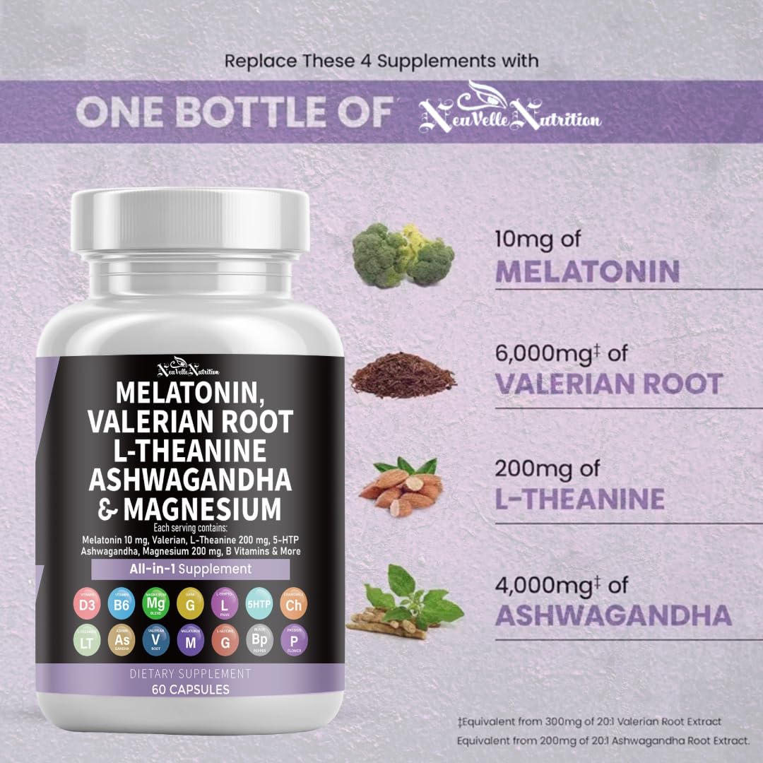 NeuVelleNutrition Melatonin Capsules with Valerian Root, Ashwagandha, L-Theanine, Magnesium, 5-HTP, GABA, Chamomile, Lemon Balm, Passion Flower, Griffonia Extract, Vitamin C & L-Glycine Supplement, 60 Count
