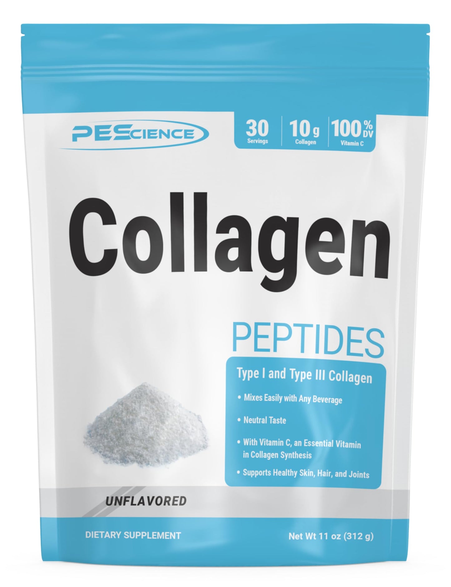 PEScience Collagen Peptides Powder, Hydrolyzed Collagen Type I & III with Vitamin C, Bovine, 11 oz