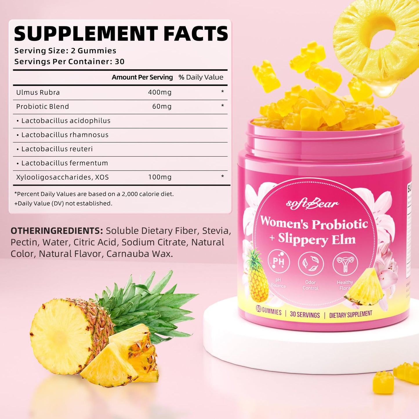 softbear Women's Probiotic Slippery Elm Gummies Pineapple Flavor, 60 Count