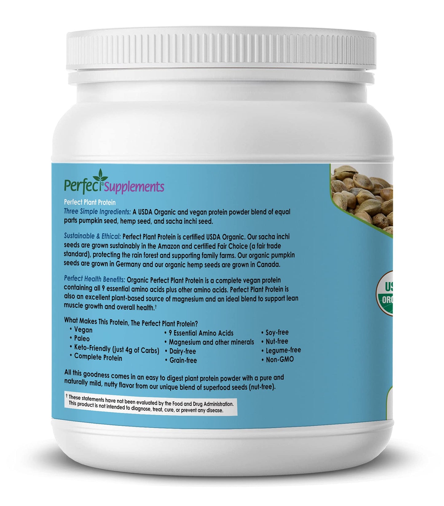 Perfect Supplements Perfect Plant Protein Powder, Pumpkin Seed, Hemp Seed & Sacha Inchi, 21.1 oz