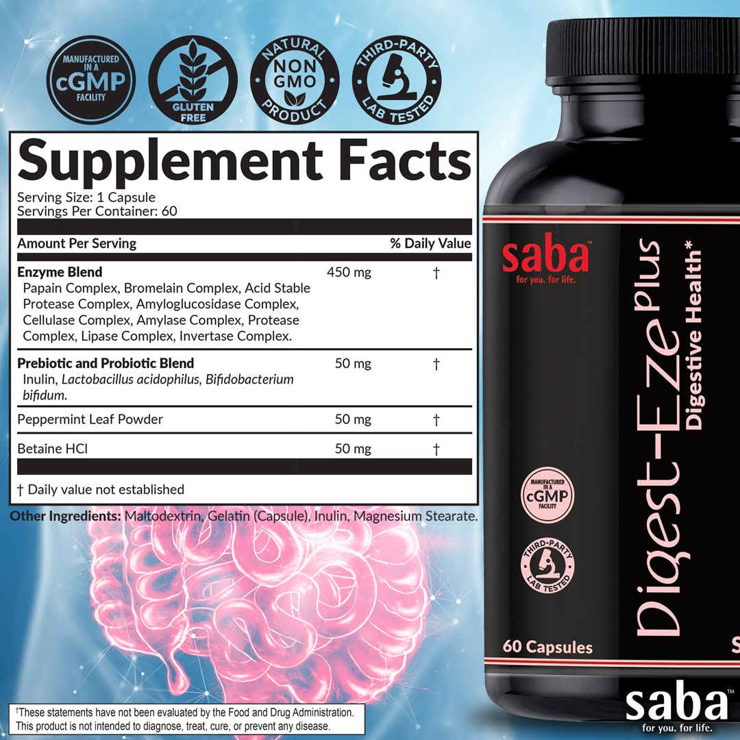 Saba Digestive-EZE Plus Broad Spectrum Plant-Sourced Enzymes, Prebiotics & Probiotics - Support Digestive & Gut Functions, Immunity & Absorption with Betaine, Bromelain, 60 Capsules