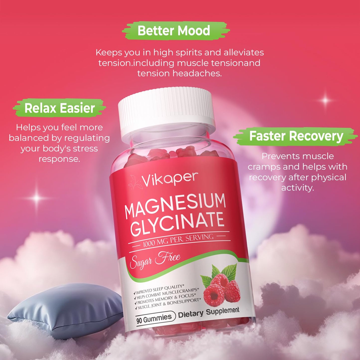 VIKAPER Magnesium Glycinate Gummies 1000mg Sugar Free, High Absorption Magnesium with Vitamin D3, B6, CoQ10 & Calcium - Vegan Raspberry, 90 Gummies