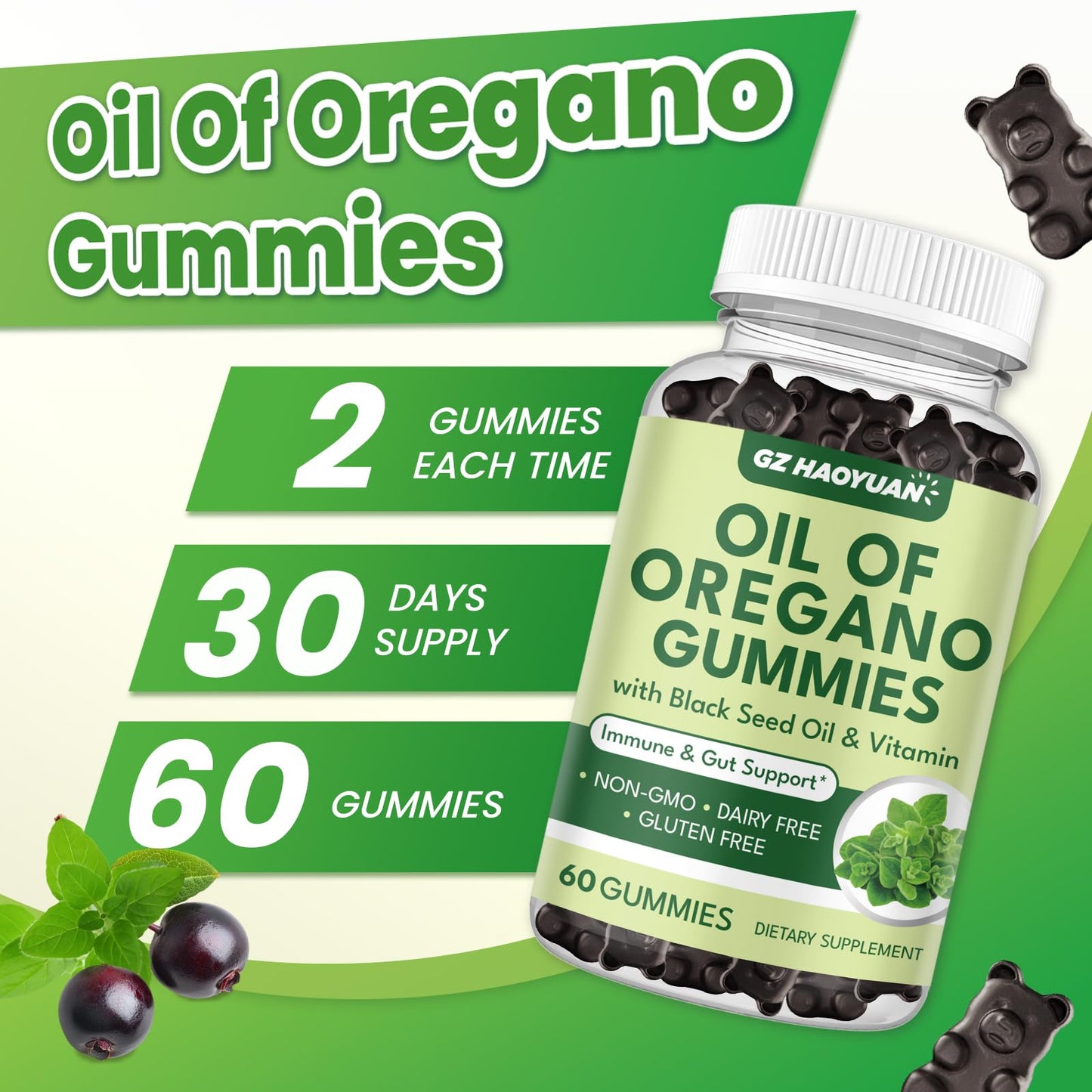 GZ HAOYUAN Oil of Oregano Gummies with Black Seed Oil + Vitamin D3, Organic High Carvacrol, Immune & Digestive Support, 60 Gummies