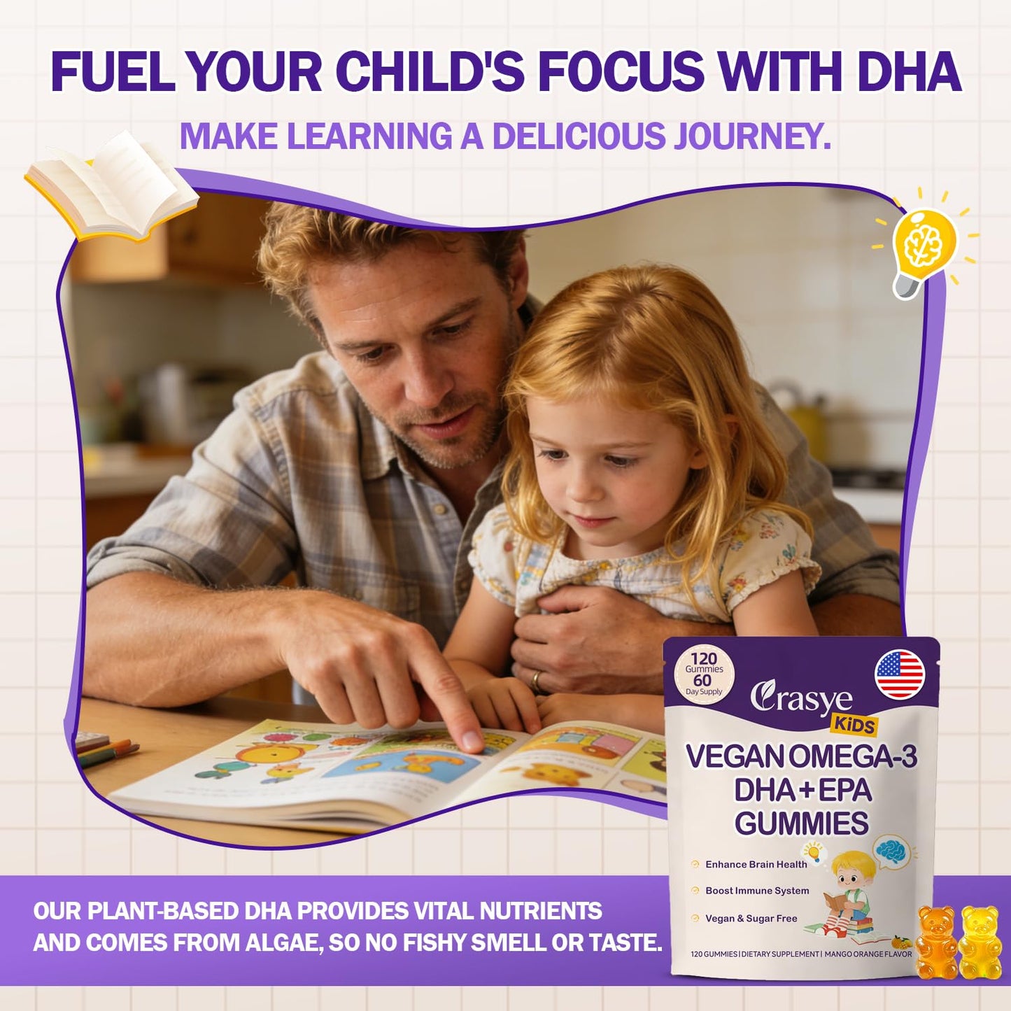 Crasye Omega 3 Gummies for Kids & Teens - Sugar Free Omega DHA & EPA Supplement Gummy for Children Brain and Immunity - No Fish Burps, Vegan, 120 Gummies