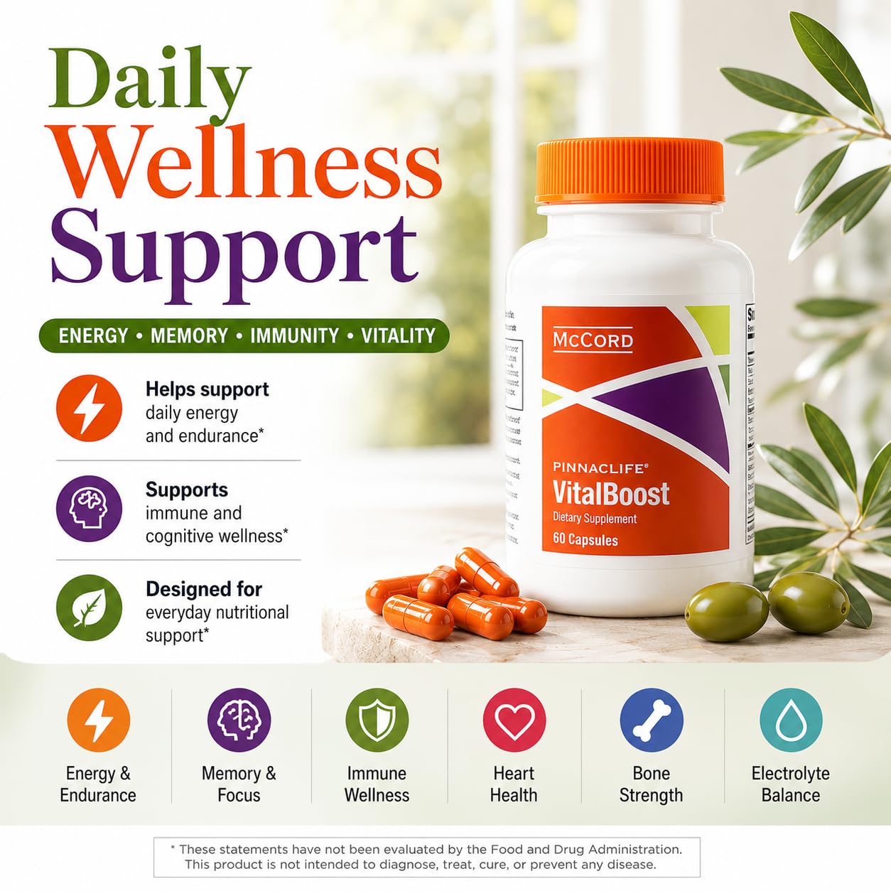 Pinnaclife McCord VitalBoost Energy, Memory & Immunity Supplement with Vitamin D3, Magnesium, Zinc, Potassium & Olivamine Capsule 1