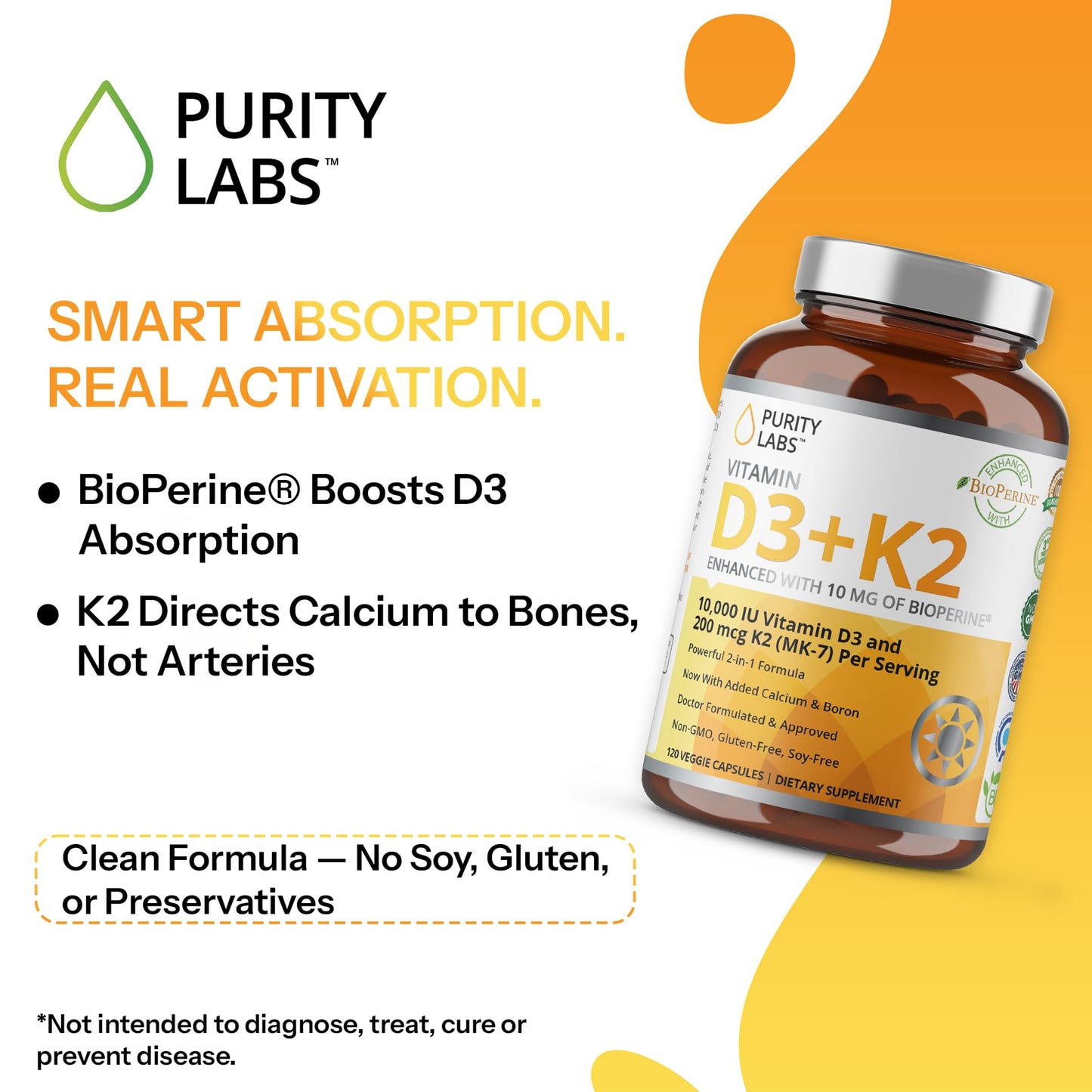 Purity Labs Vitamin D3 K2 10000 IU, 250mcg D3 + 200mcg K2 MK7 Capsule, 120 Count