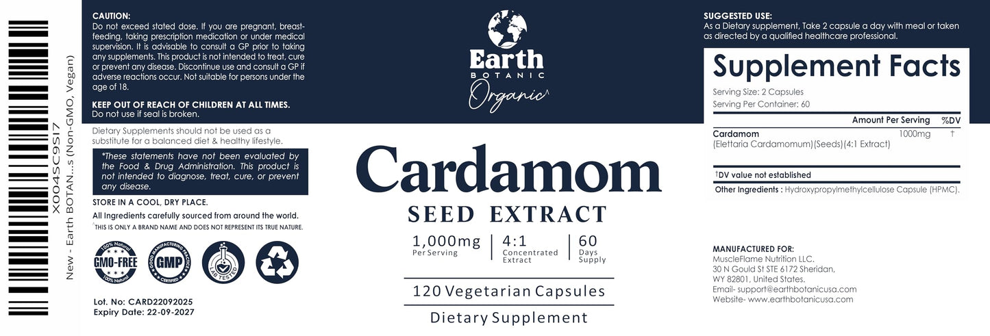 Earth BOTANIC Organic Cardamom Capsules 1000 mg, 1 Capsule