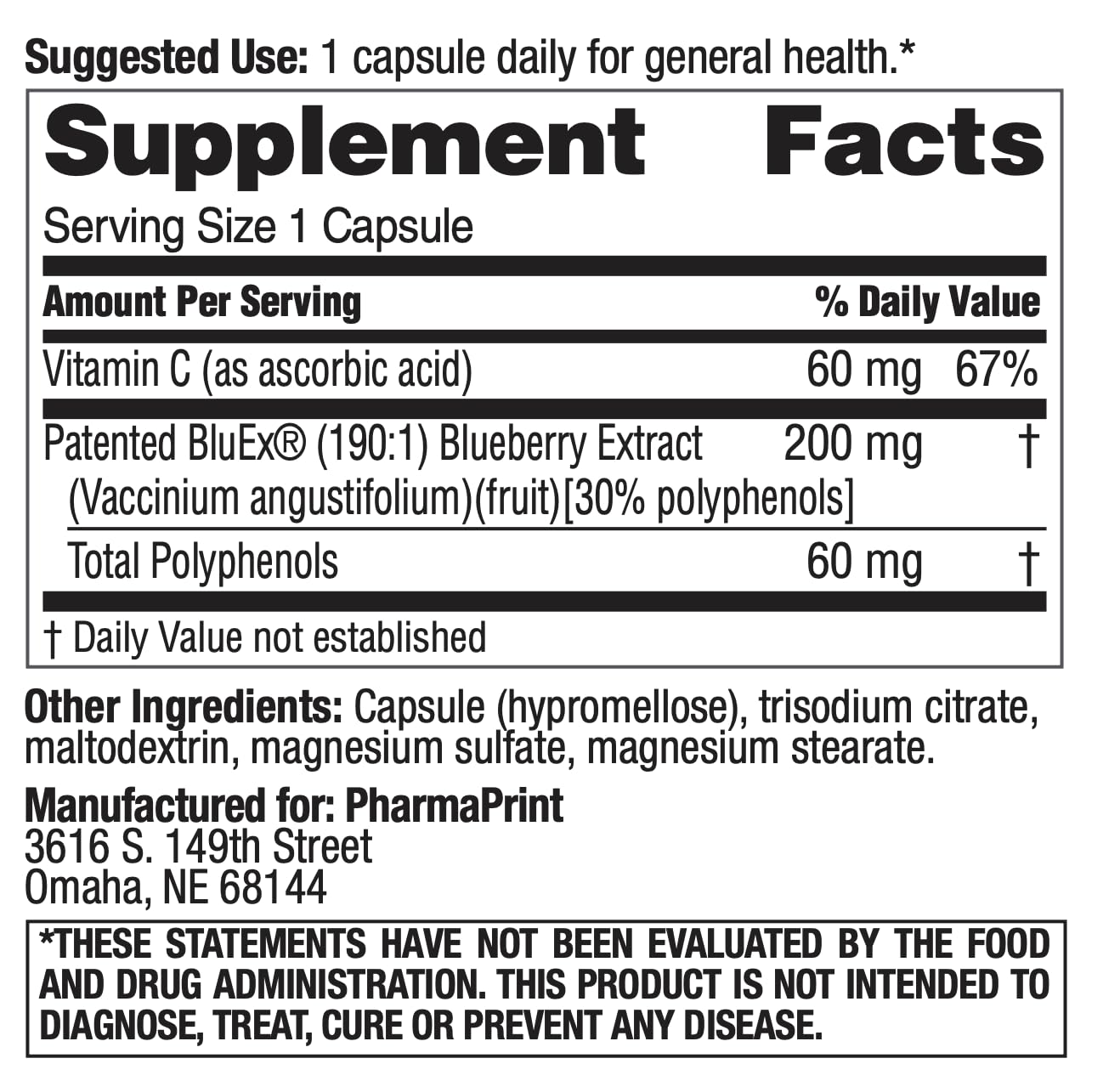 PharmaPrint BlueX Blueberry Dietary Supplement, 30 Capsules
