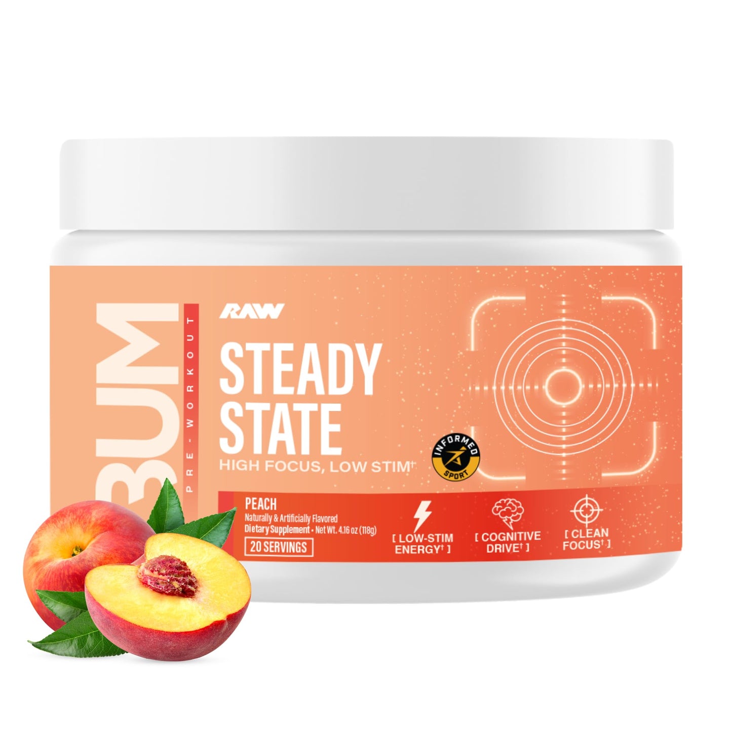 RAW Steady State Low Stim Nootropic Pre Workout Powder, 6.63 oz, 20 Servings