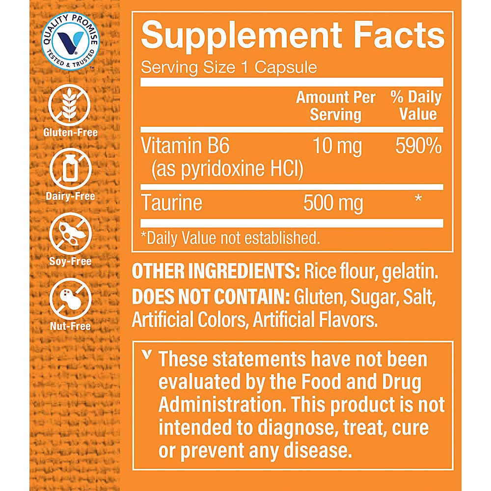 The Vitamin Shoppe Taurine 500mg with B6 - Cardiovascular & Antioxidant Support | Free-Form Amino Acid | 100 Capsules