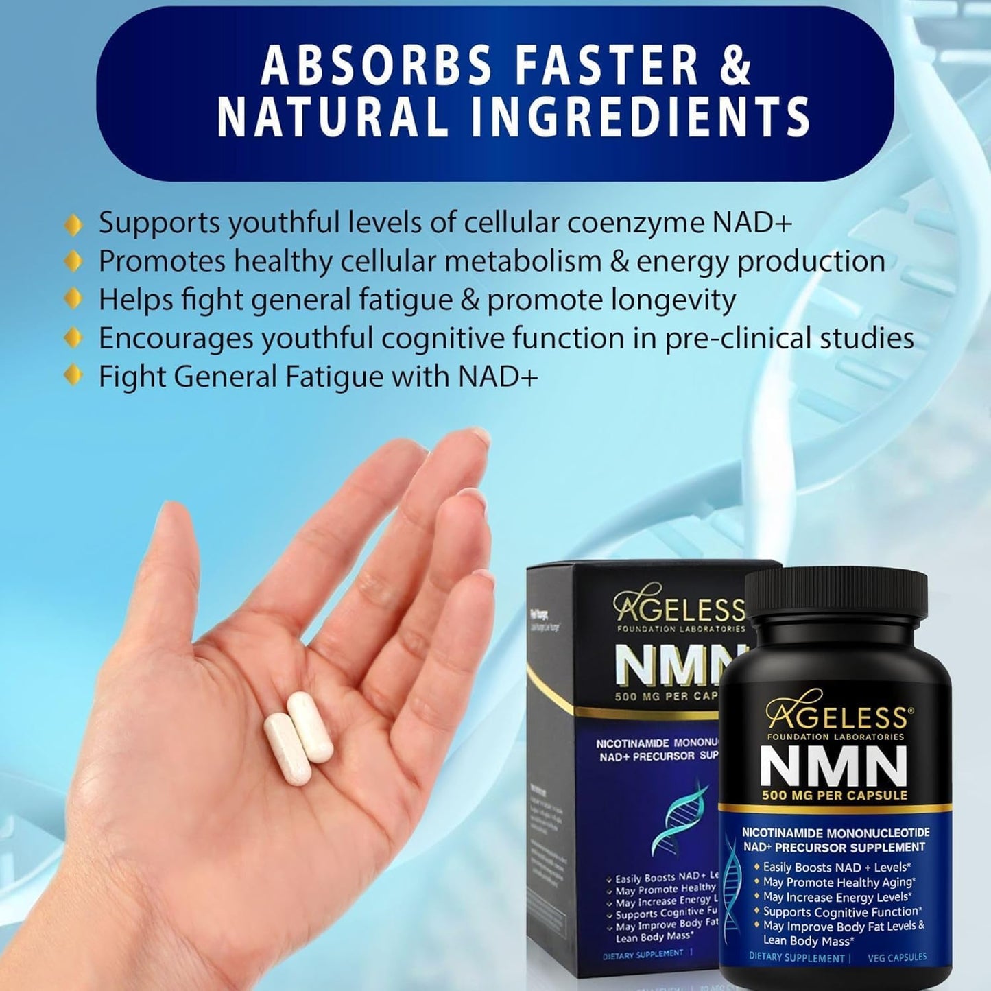 Ageless Foundation Laboratories NMN Supplement 500mg Capsules, 1 Count