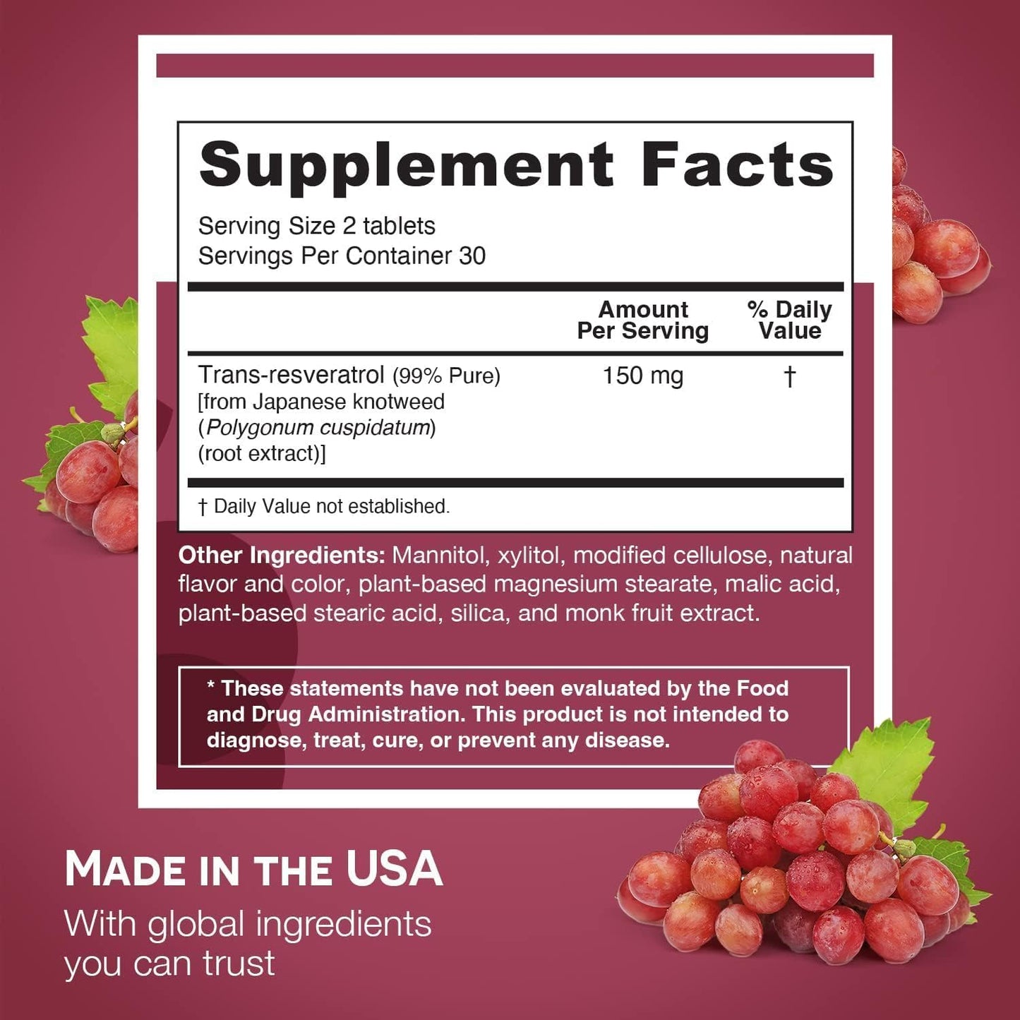 EZ Melts Dissolvable Resveratrol Supplement 150 mg Tablet, 60 Count