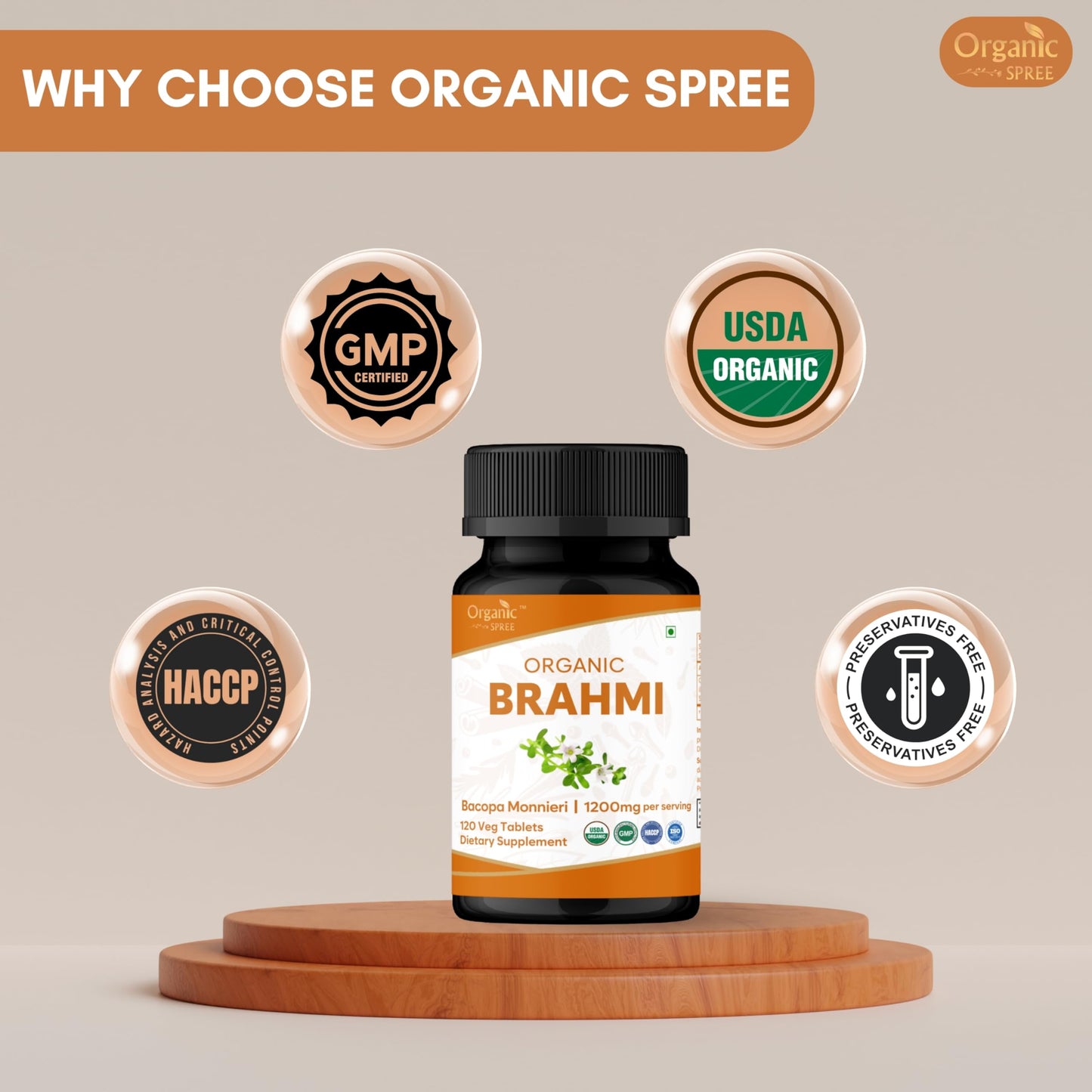 ORGANIC SPREE Brahmi Bacopa Monnieri Supplement Tablet, 360 Tablets