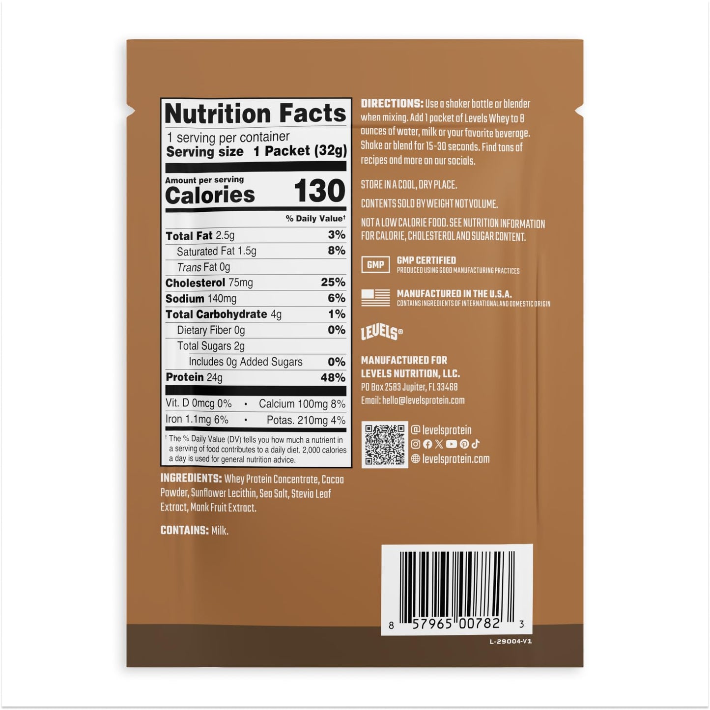 Levels Grass Fed Whey Protein Powder, Double Chocolate, No Artificials, 14 Count