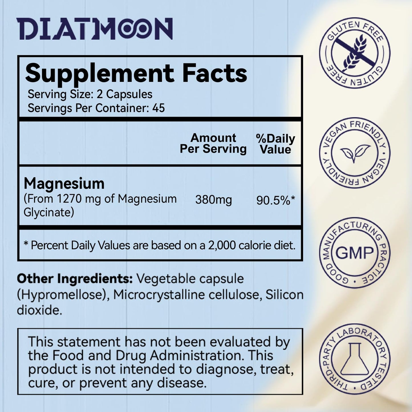 DIATMOON Magnesium Glycinate Capsules 1270mg, 90 Count