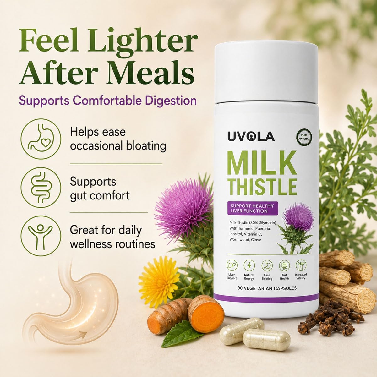 Vuiea Natural Milk Thistle Supplement 80% Silymarin Capsule, 90 Count