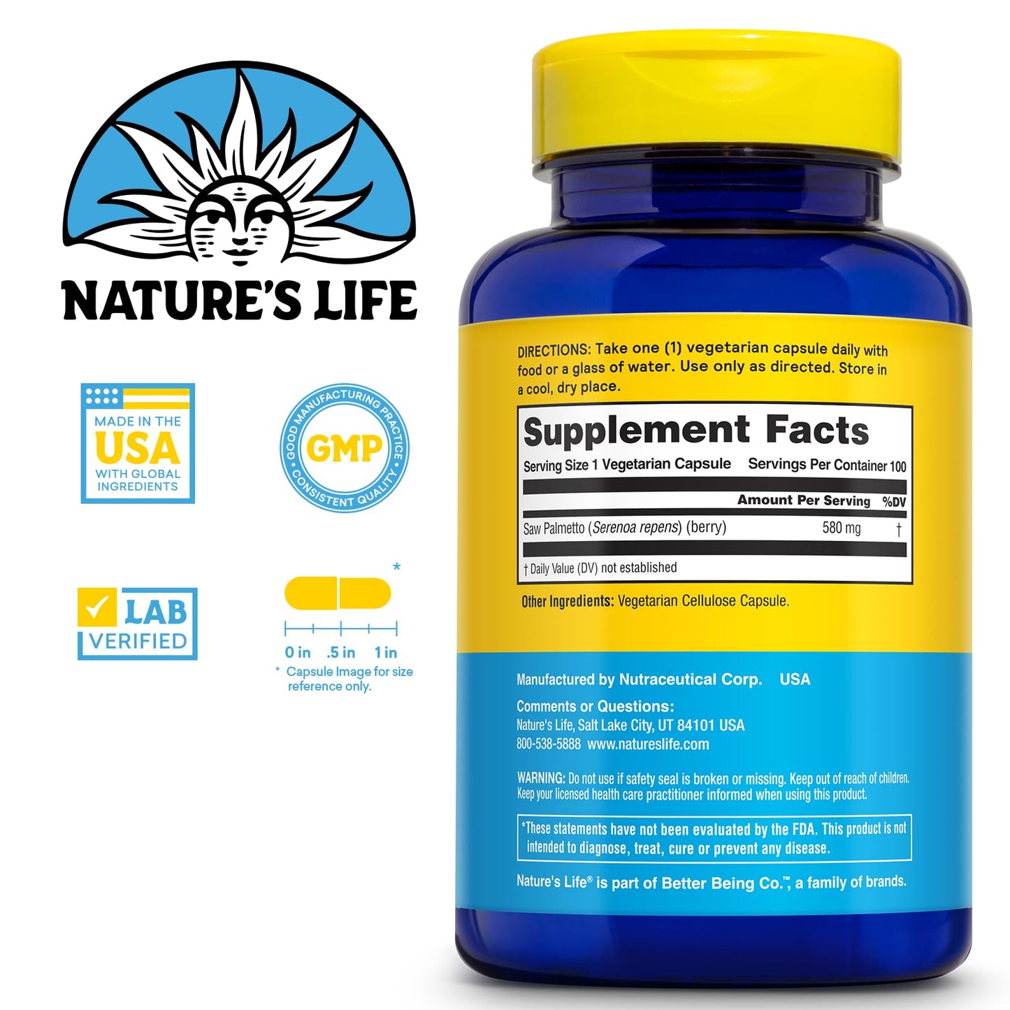 Nature's Life Saw Palmetto for Men 580mg Capsules, 100 Count