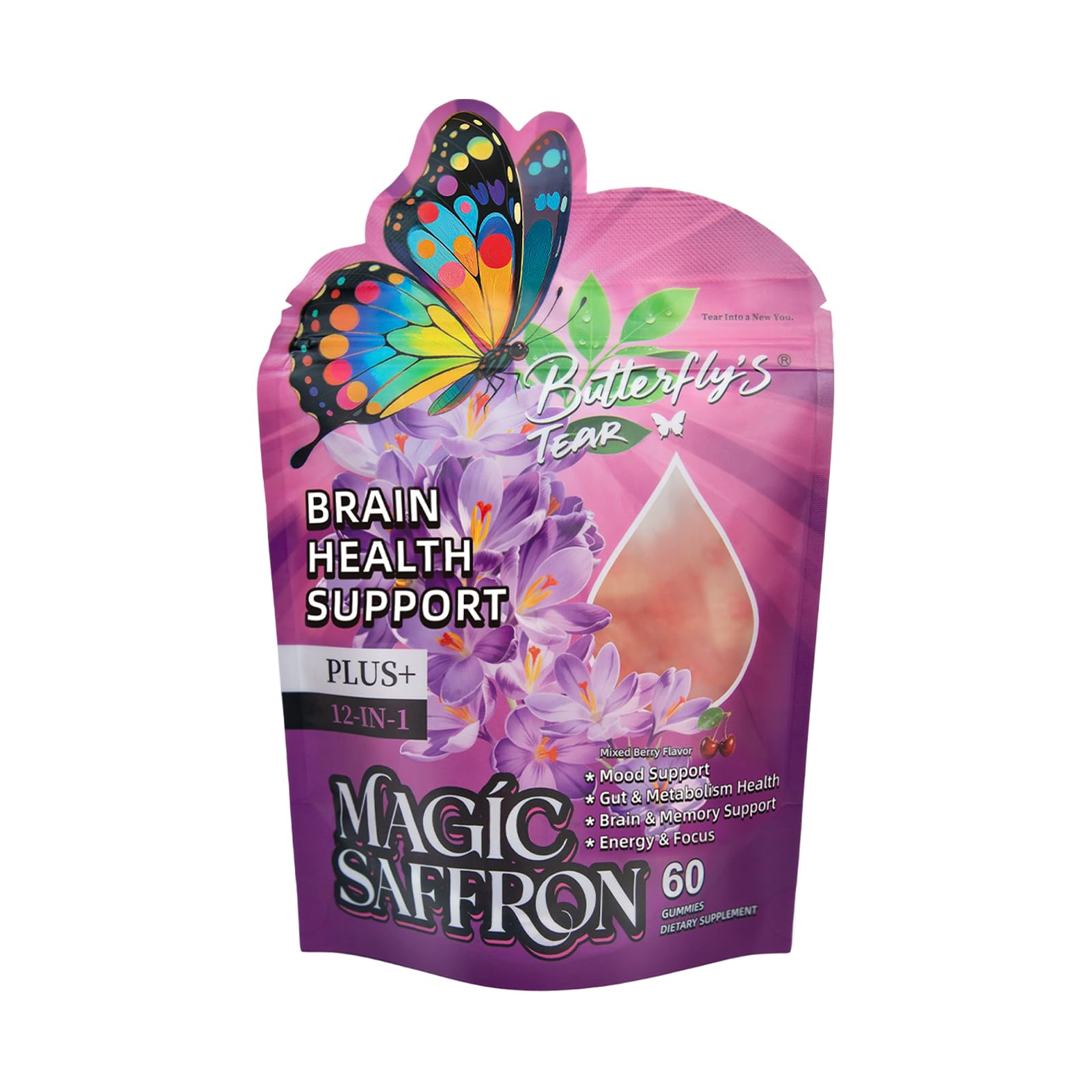 BUTTERFLY'S TEAR Saffron Gummies for Kids & Adults, 12-in-1 Saffron Supplements with 90mg Saffron Extract, Mixed Berry Flavor, Sugar Free, Vegan, Non-GMO, 60 Gummies