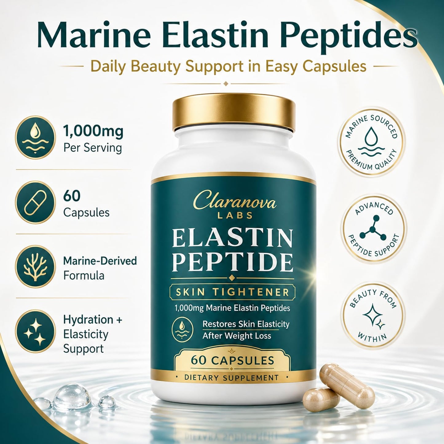 nourial Claranova Labs Marine Elastin Peptides, Elastin Peptide Skin Tightening Formula 60 Capsules
