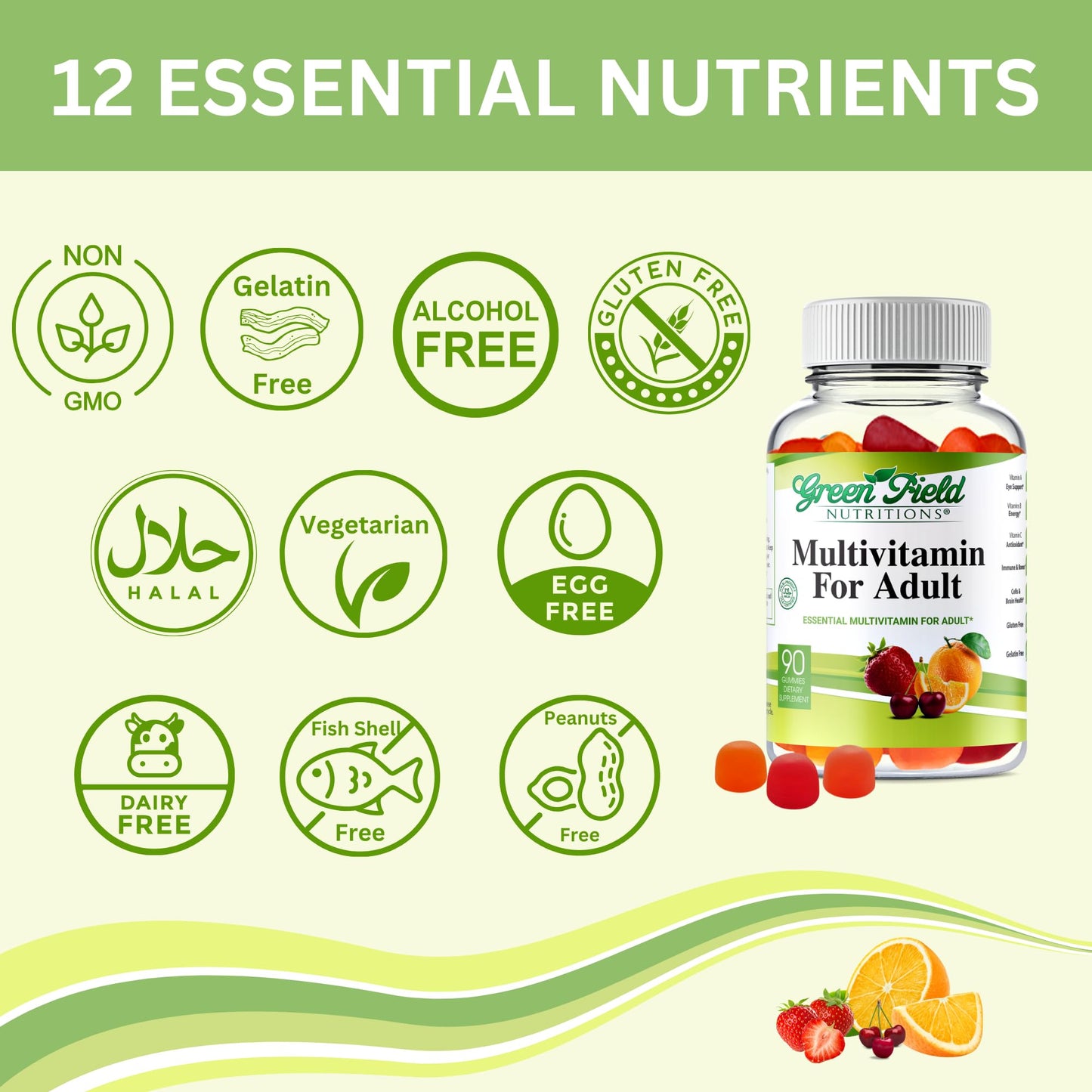 Green Field Nutritions Halal Multivitamin Gummies for Adults Gelatin-Free Chewable Multivitamin with Vitamin D3, B6, B12, Zinc & C – Halal Vitamins for Men and Women, 90 Gummies