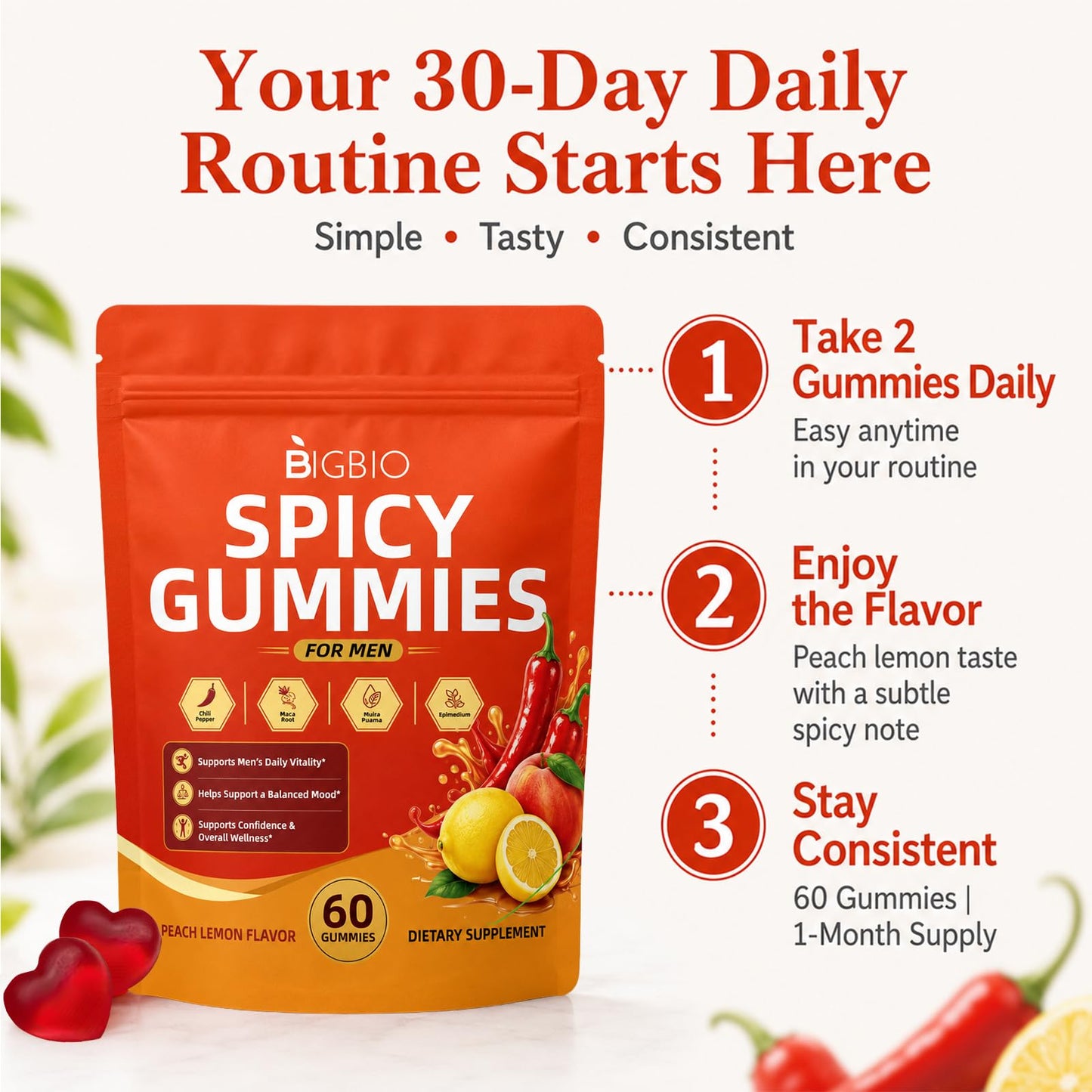 BIGBIO Spicy Gummies Cubes, Adults Hot Peach Gummy with Chili Pepper, Muira Puama, Maca Root and Epimedium, Plant-Based Daily Wellness Support, Vegan, Non-GMO, 60 Gummies