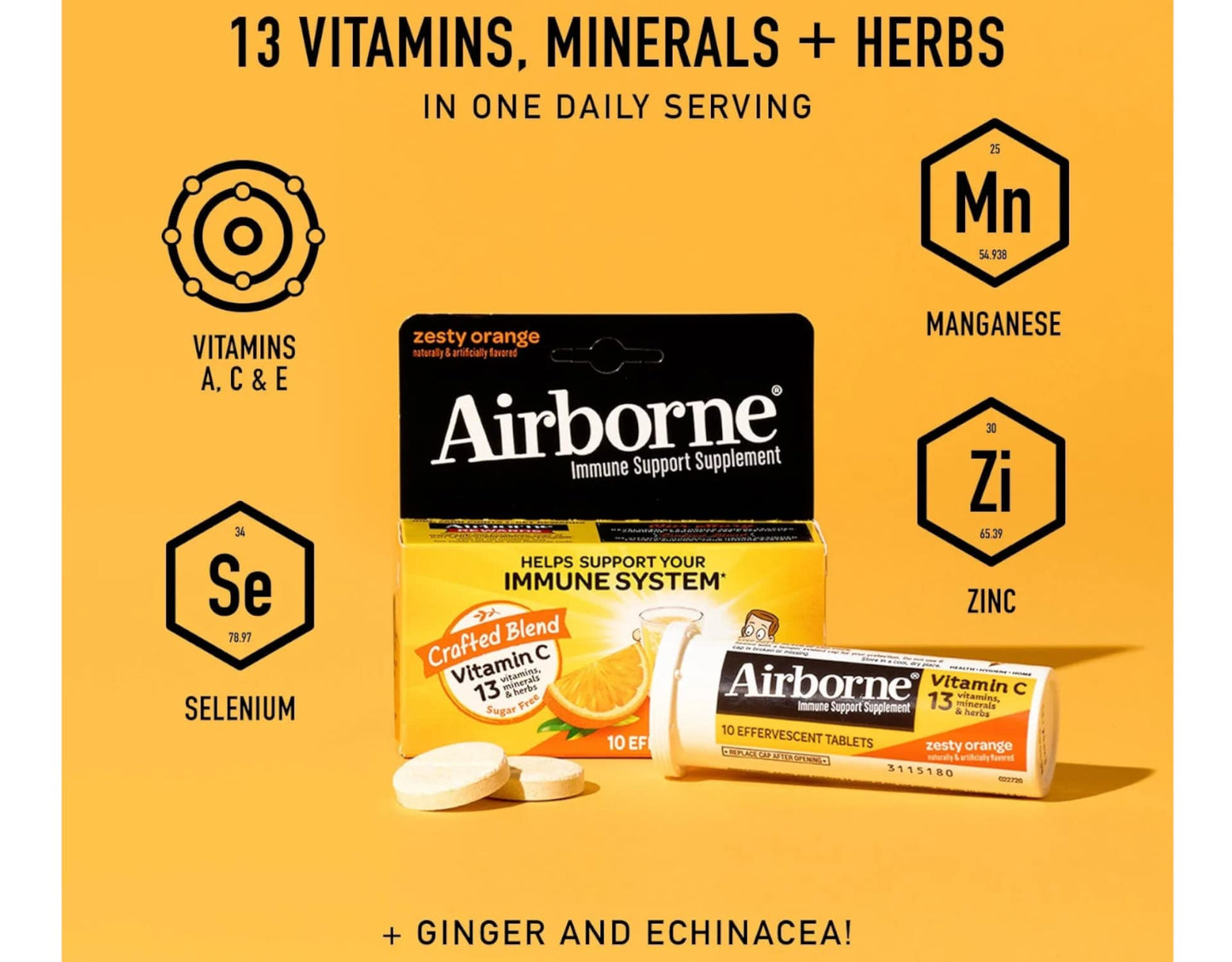 Reckitt Airborne Zesty Orange Effervescent Tablets, 110 Tablets