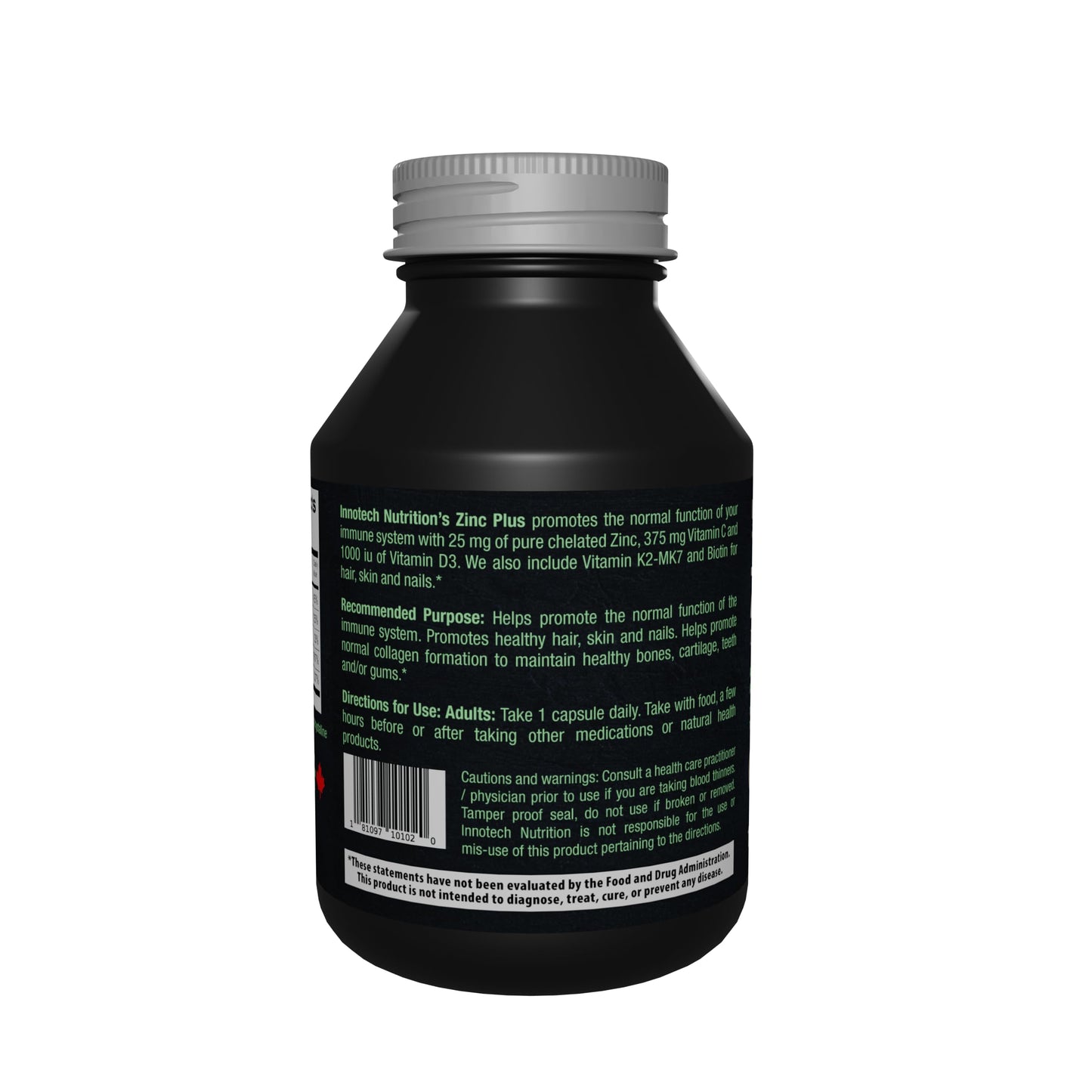 Innotech Nutrition Solutions Zinc Plus Immune Hair Skin & Nails Support Chelated Zinc Vitamin D3 & Biotin Capsules 120