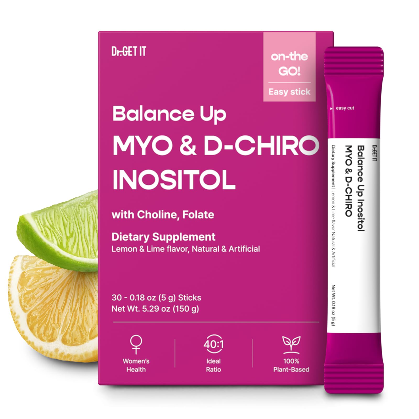 Dr.GET IT Balance Up Inositol 40:1 Myo & D-Chiro with Folate(Vitamin B9) & Choline – Hormone Balance & Reproductive Health Support for Women – Lemon Lime Stick Powder, 5.29
