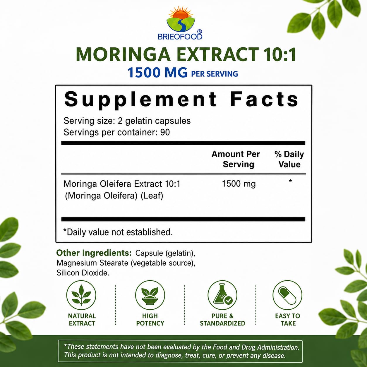 Brieofood Moringa Oleifera Extract 10:1 1500 mg Capsules 180
