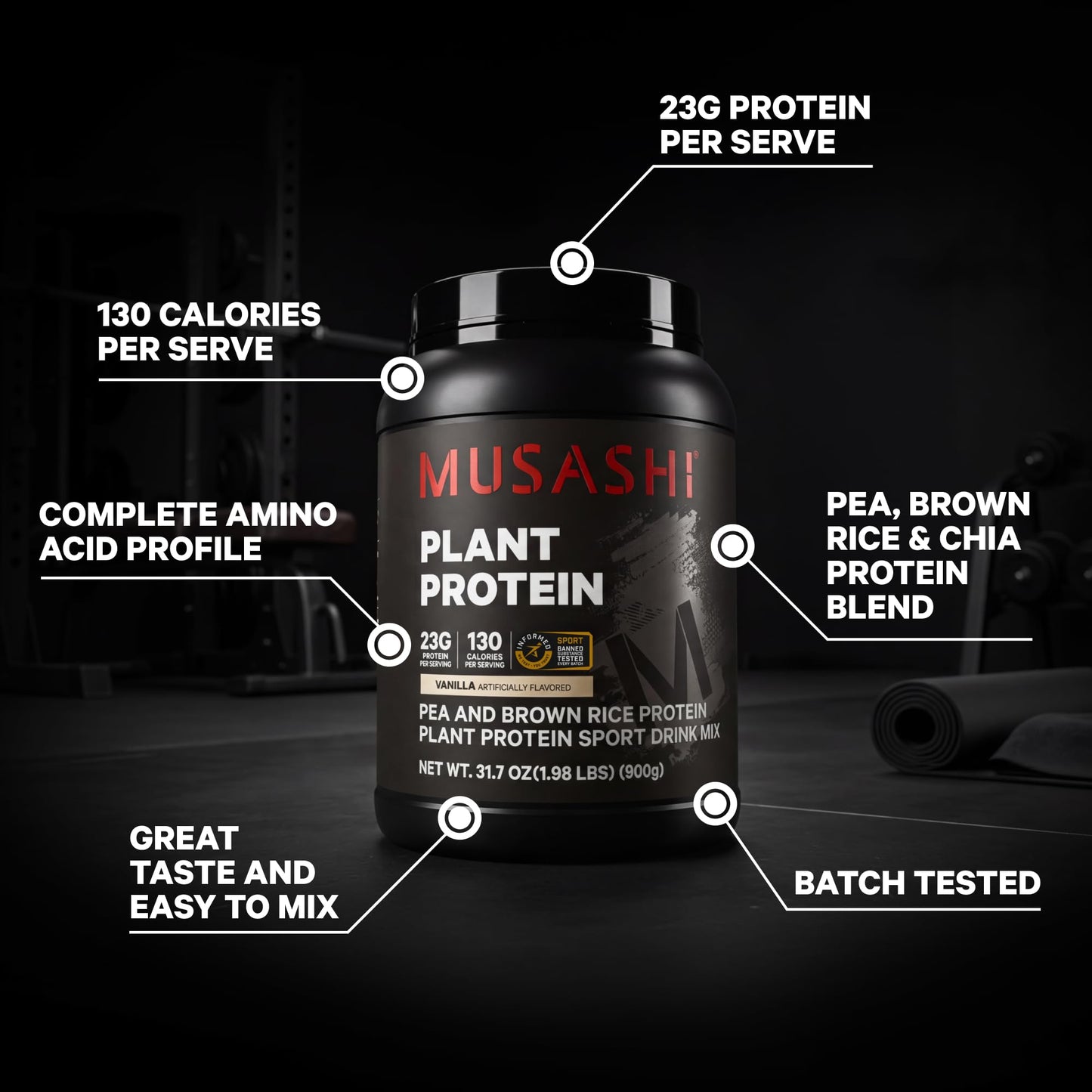 Musashi Plant Protein Powder Vanilla, 900g (1.98 lb)