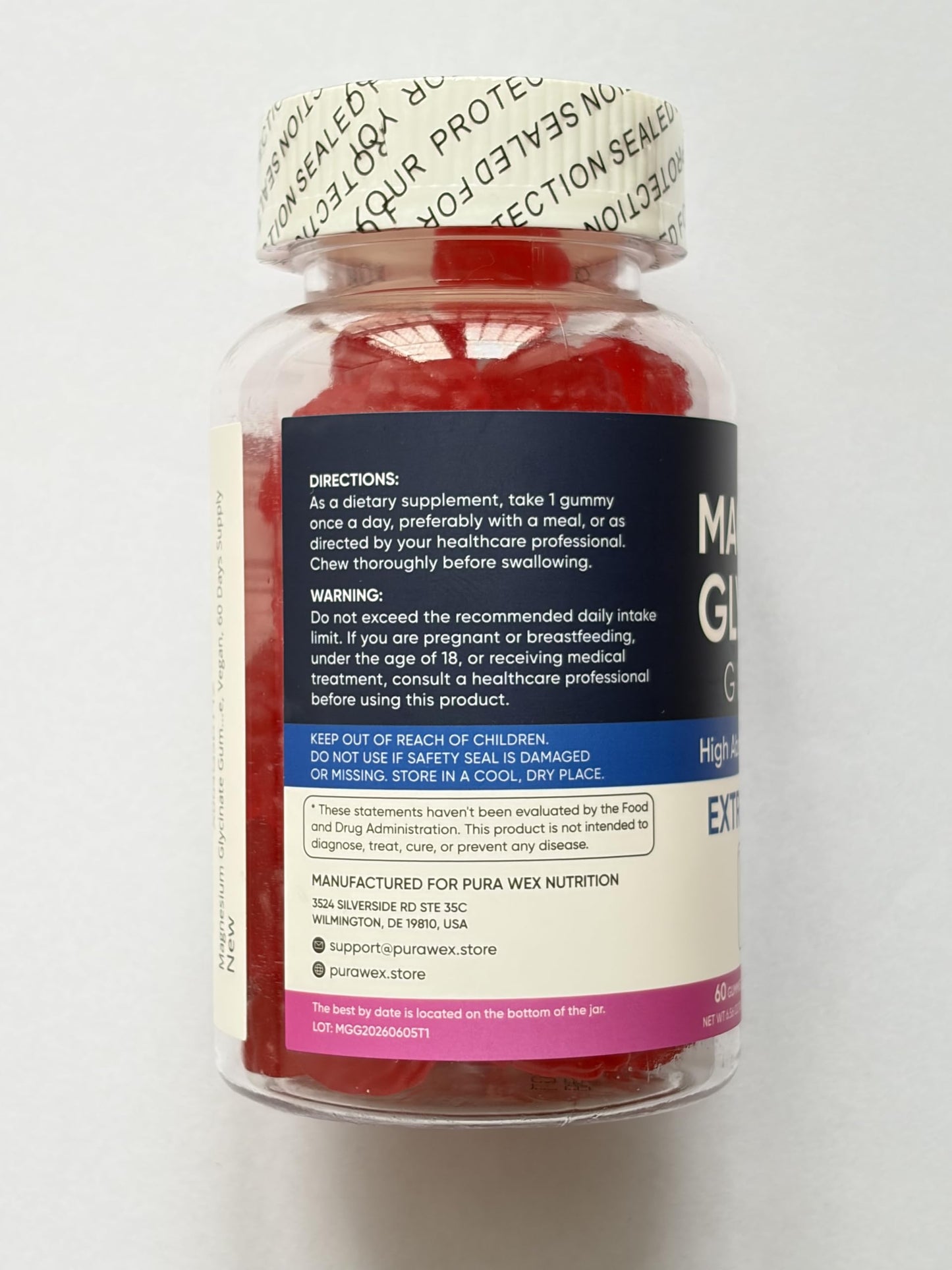 PURA WEX NUTRITION Magnesium Glycinate Gummies 400mg Extra Strength 120 Count