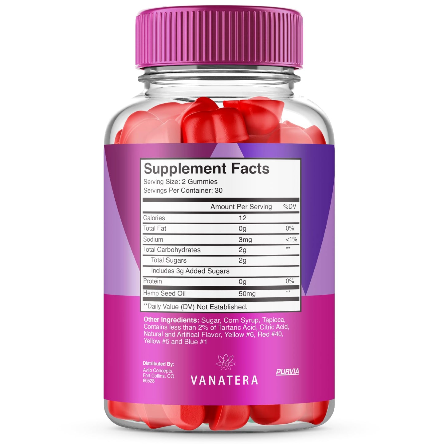 Purvia Vanatera Hemp Gummies Extra Strength Formula, 25mg Per Gummy, 1500mg Per Bottle, 300 Gummies