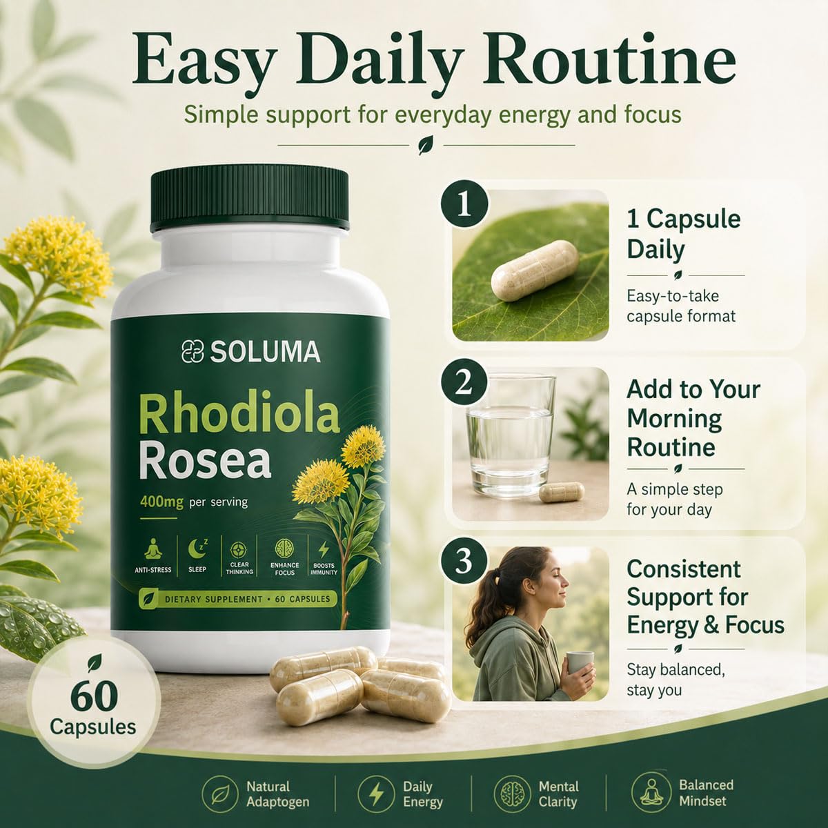 Soluma Rhodiola Rosea Organic Adaptogen Supplement with Bioperine, Energy, Stress & Mental Focus Support, 60 Capsules