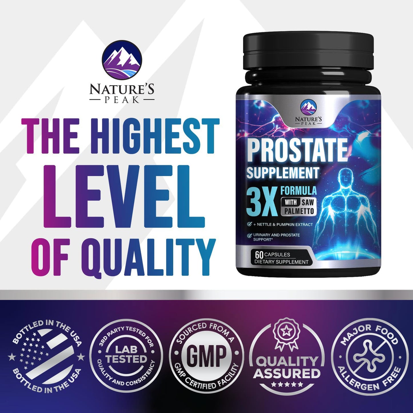 Nature's Peak Prostate Health Supplements for Men - 3X Strength Saw Palmetto Blend with Stinging Nettle Root & Pumpkin Seed - 60 Capsules