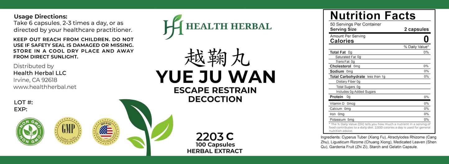 Health Herbal Yue Ju Wan/Escape Restrain Decoction, 100 Capsules