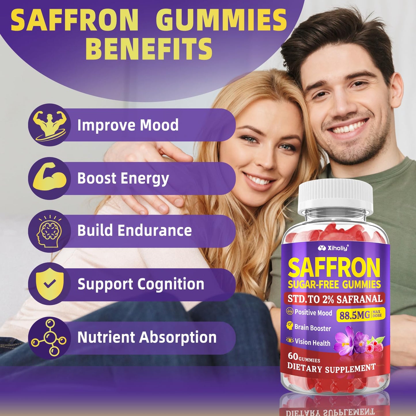 XIHOLIY Saffron Supplements Gummies, 60 Count