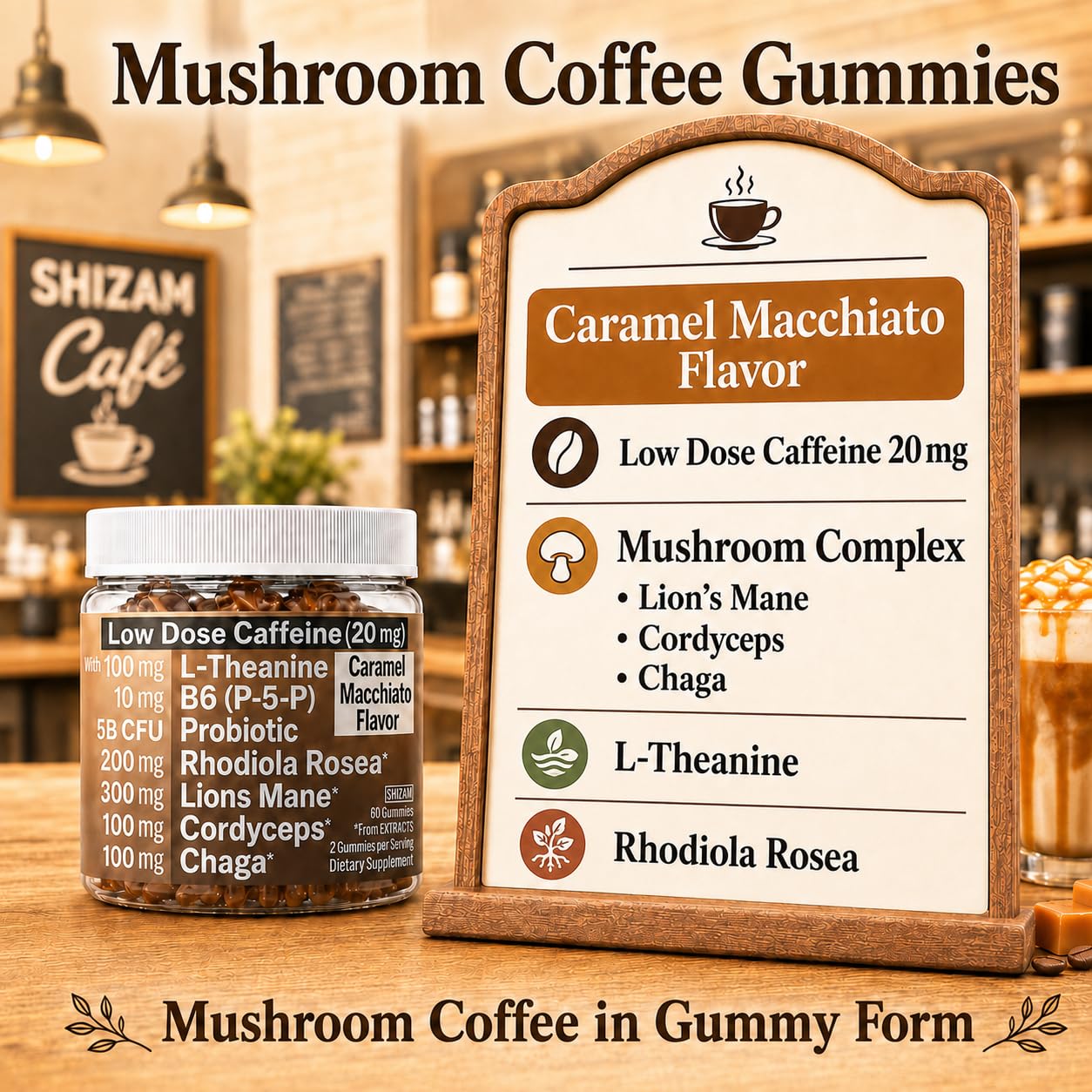 SHIZAM Mushroom Coffee Gummies with Lion’s Mane, Cordyceps, Chaga & Caffeine 60 Count