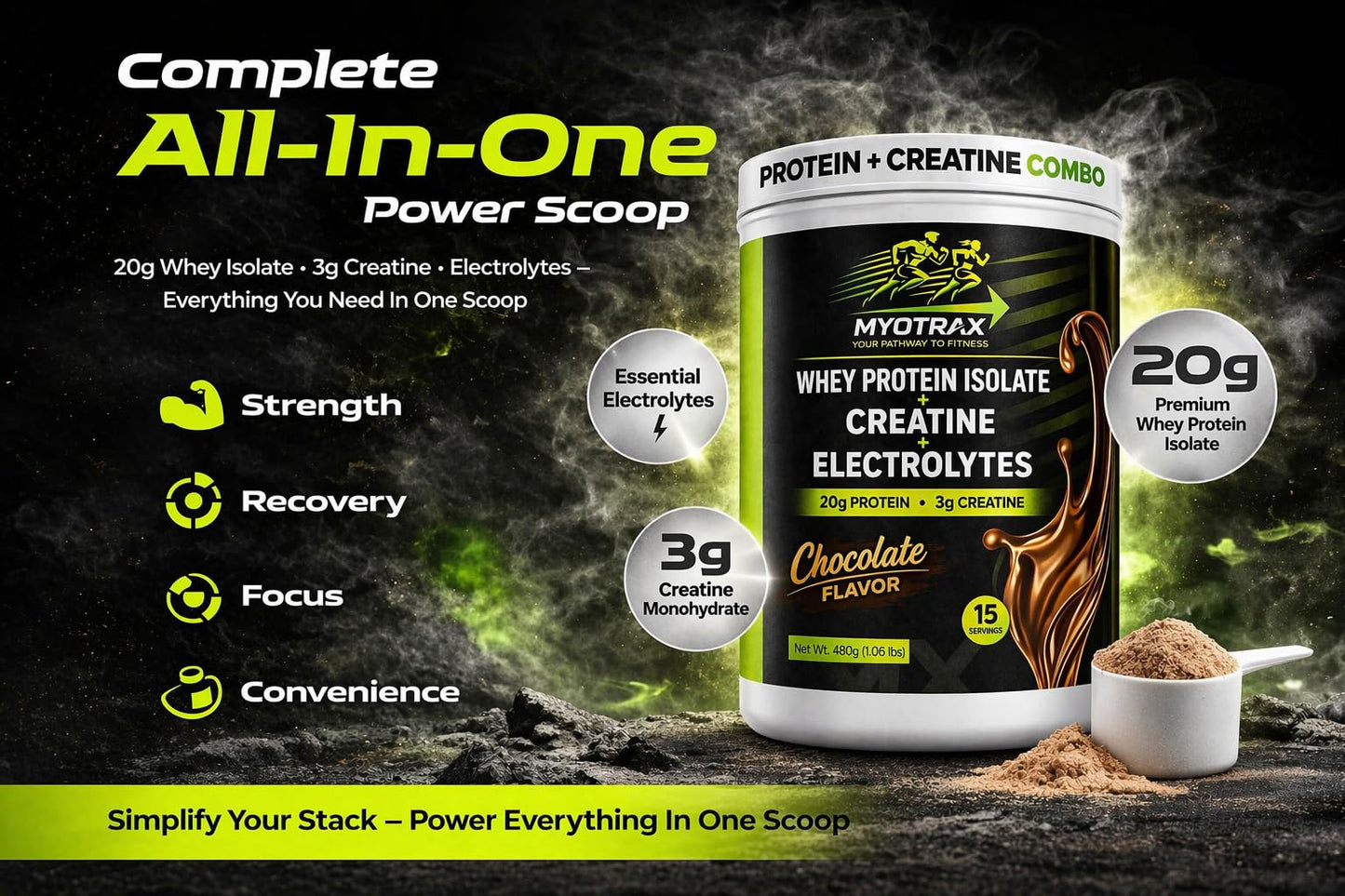 MYOTRAX Whey Protein Isolate Protein Powder with Creatine & Electrolytes, Chocolate, 15 Servings